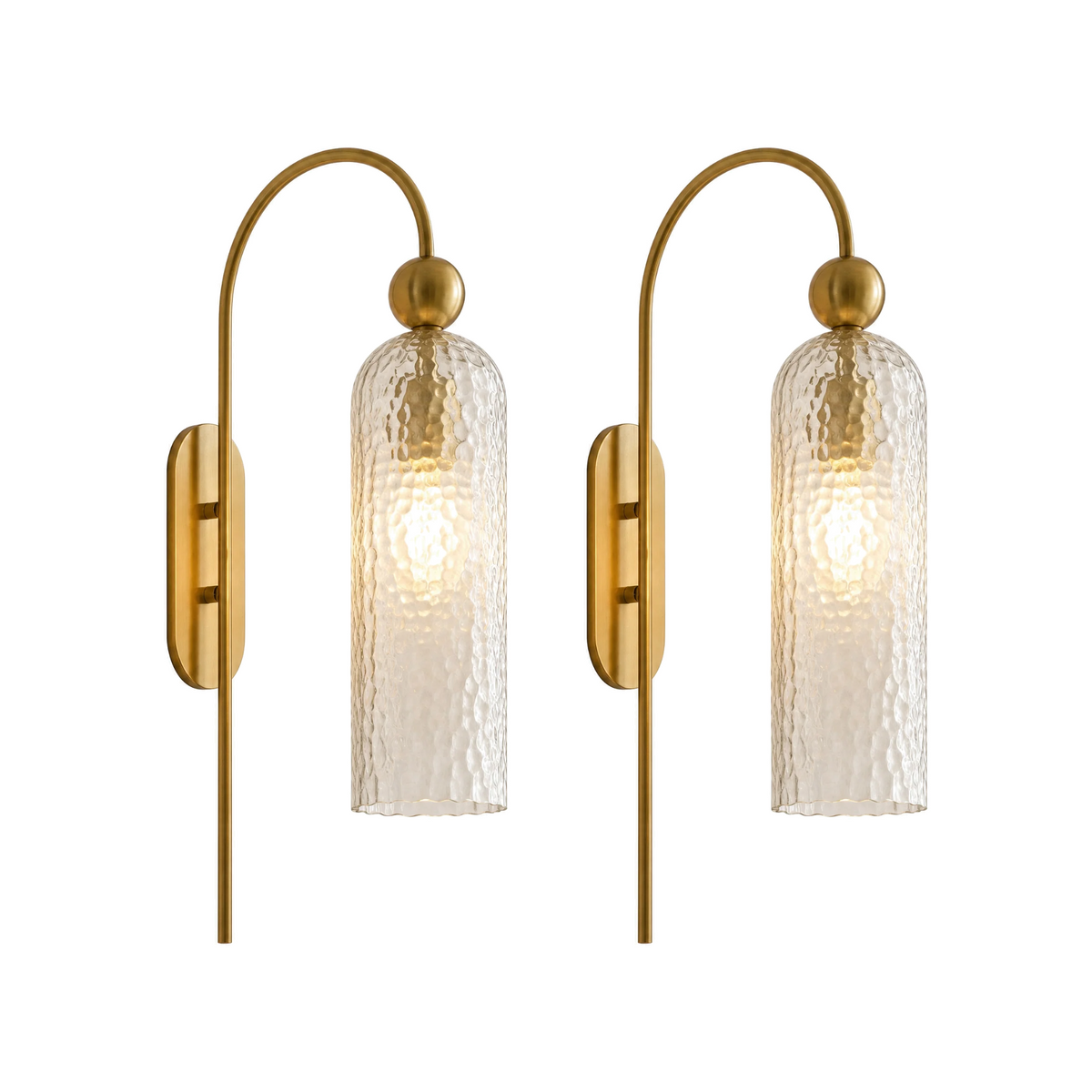 Set of 2 Arco Sottile gooseneck wall sconces with hammered glass shades, lit, on white