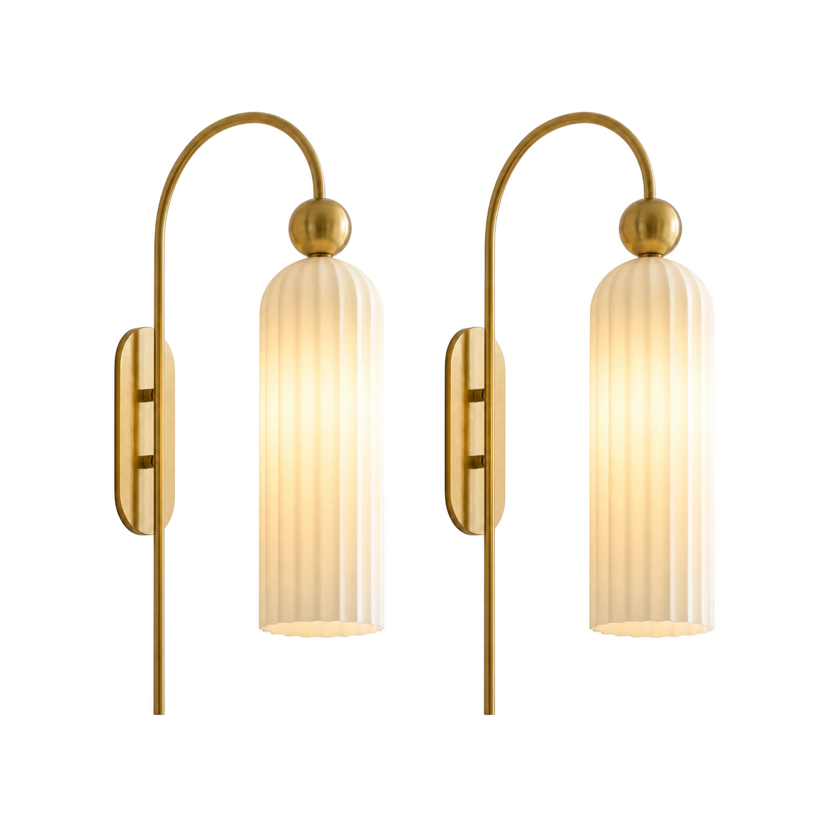 Set of 2 Arco Sottile gooseneck wall sconces with milk glass shades, lit, on white