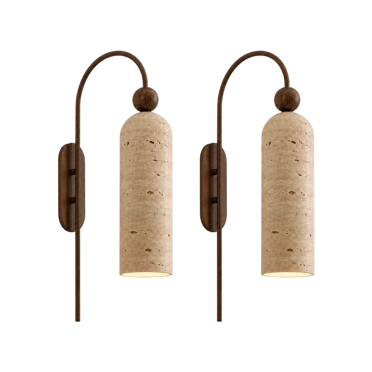 Set of 2 Arco Sottile gooseneck wall sconces with travertine shades, lit, on white