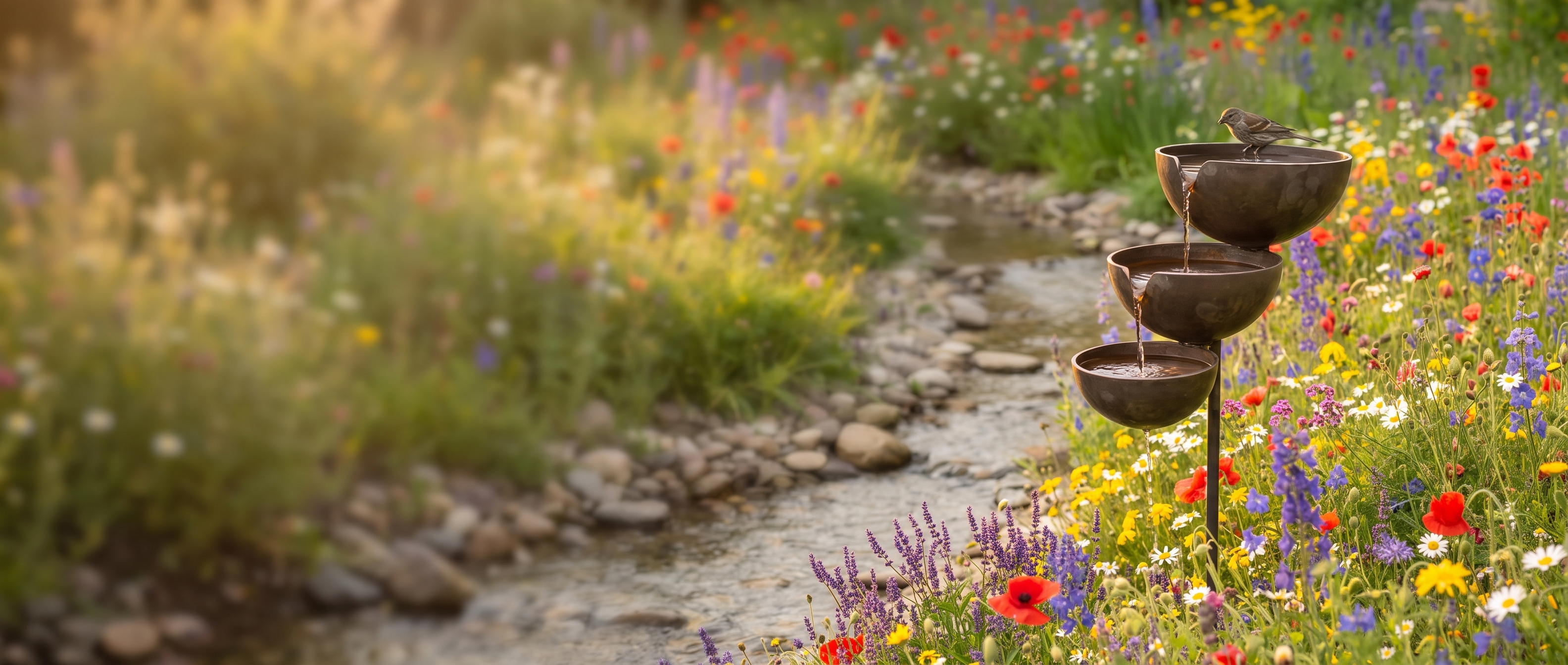 Cascata Serena tiered bird bath in a lush garden at golden hour