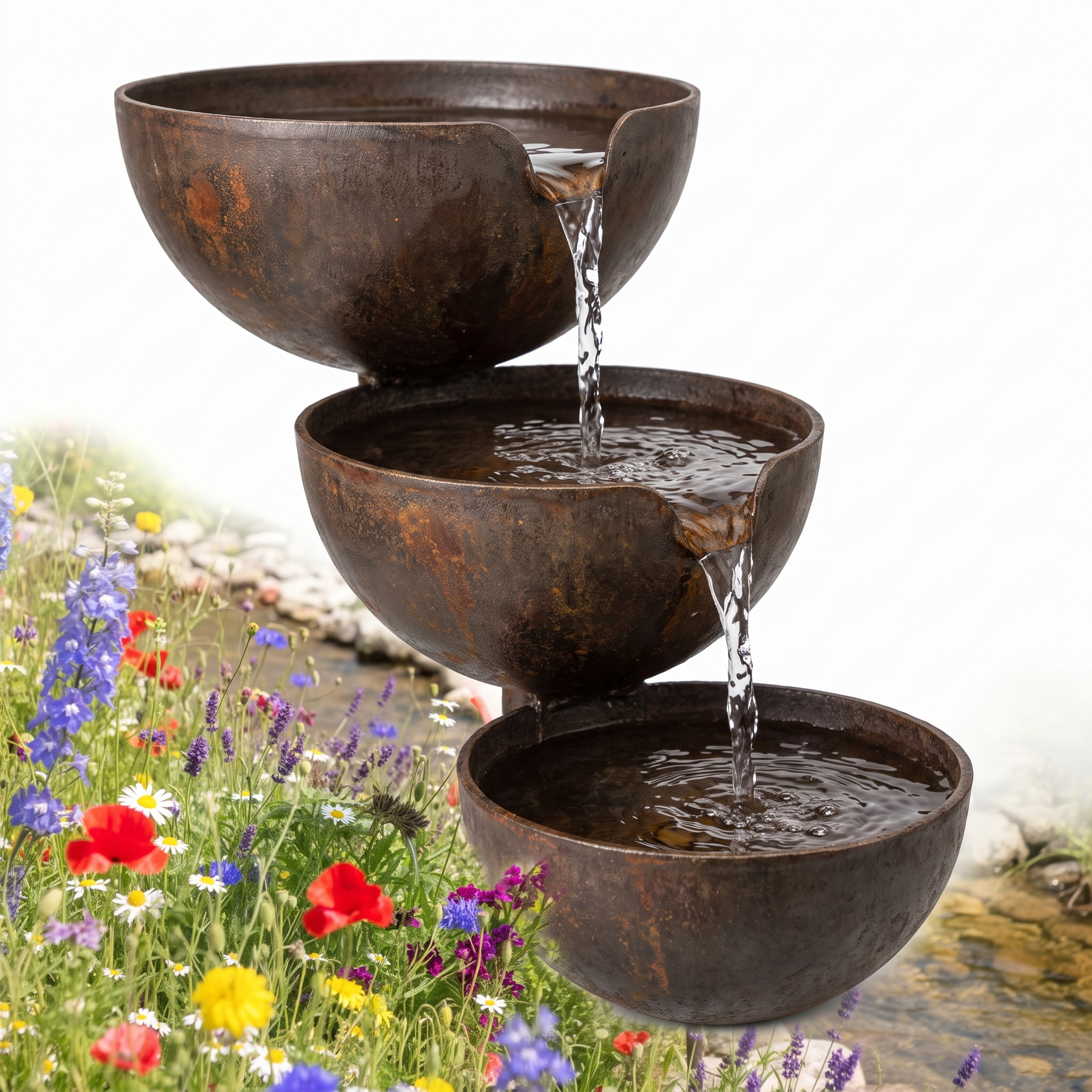 Close view of the three cascading bowls of the Cascata Serena bird bath