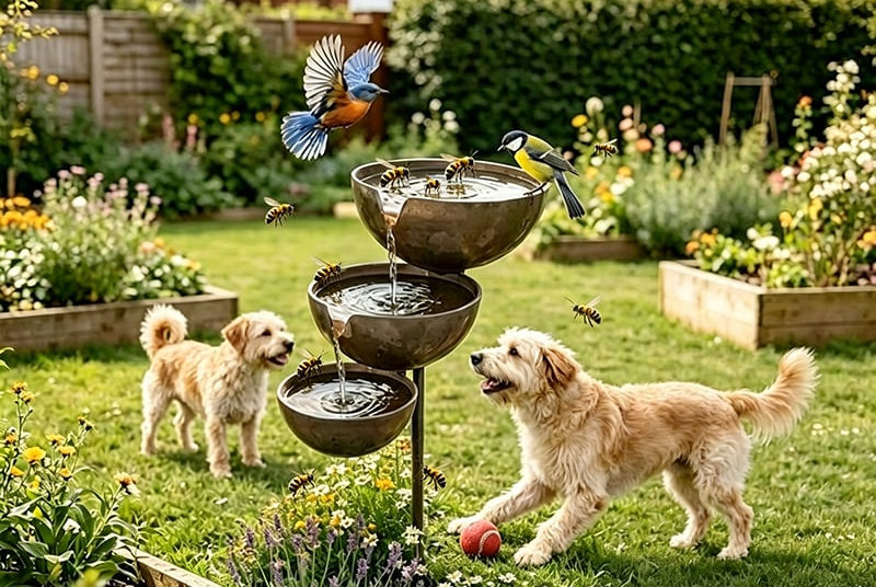 Cascata Serena bird bath in a backyard garden with birds