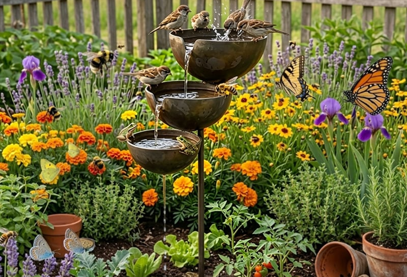 Songbirds and butterflies at the Cascata Serena bird bath among garden flowers