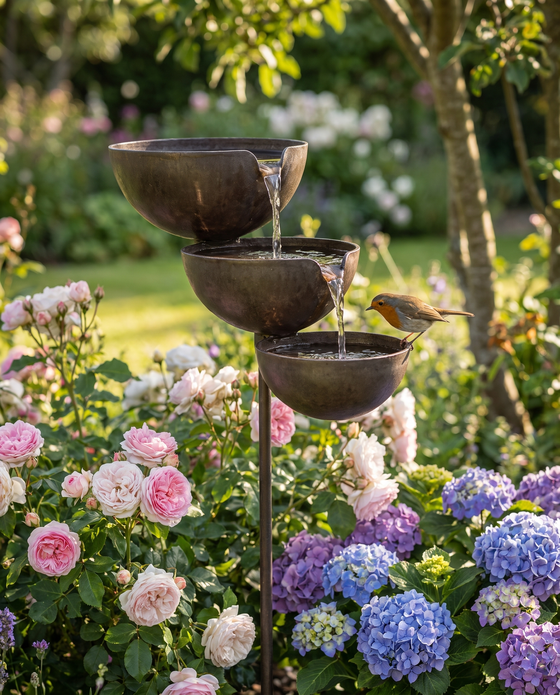 Tiered bird bath in an English cottage garden with a robin drinking