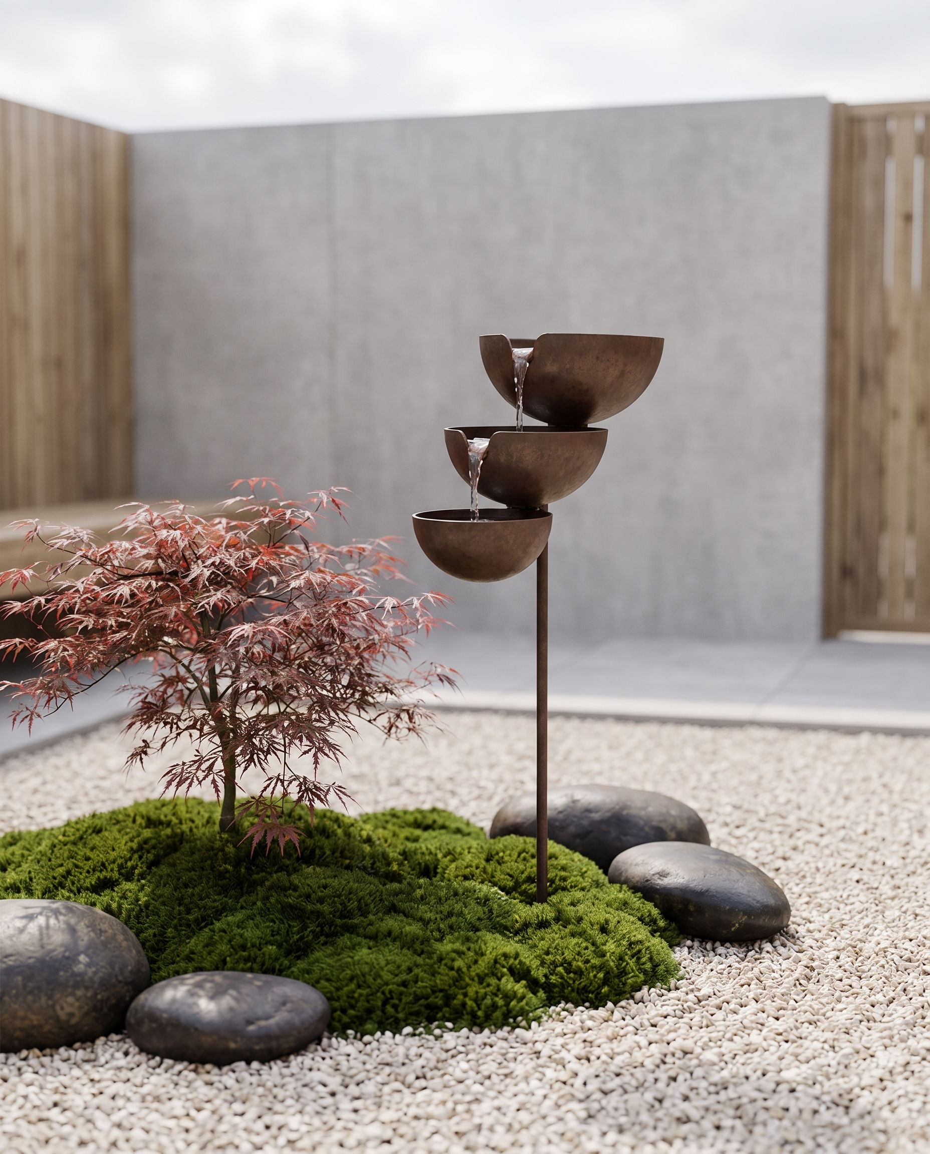 Tiered bird bath in a serene Japandi minimalist gravel garden