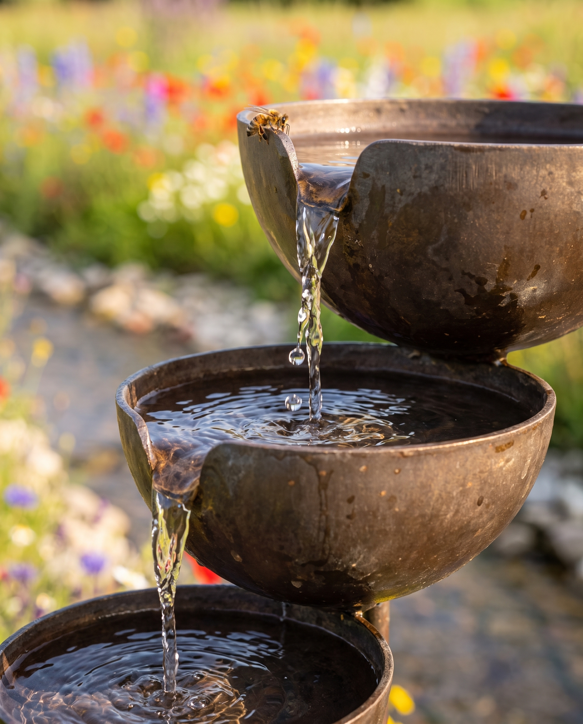 Close-up of water cascading between the bird bath bowls with a bee