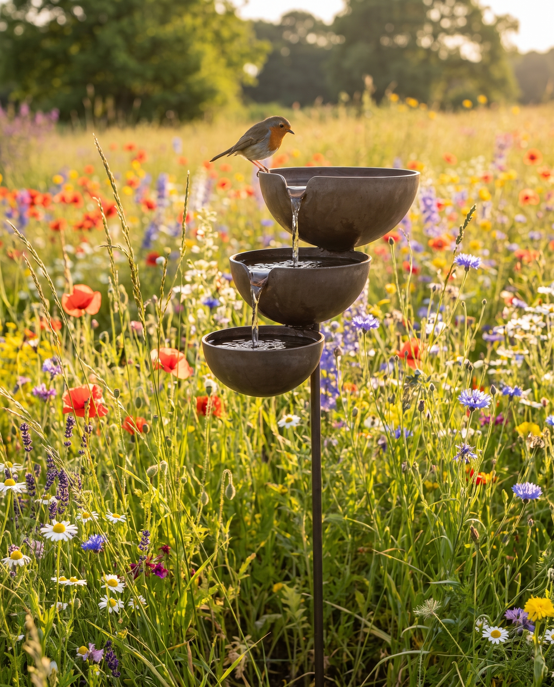 Cascata Serena tiered bird bath in a wildflower meadow with a songbird
