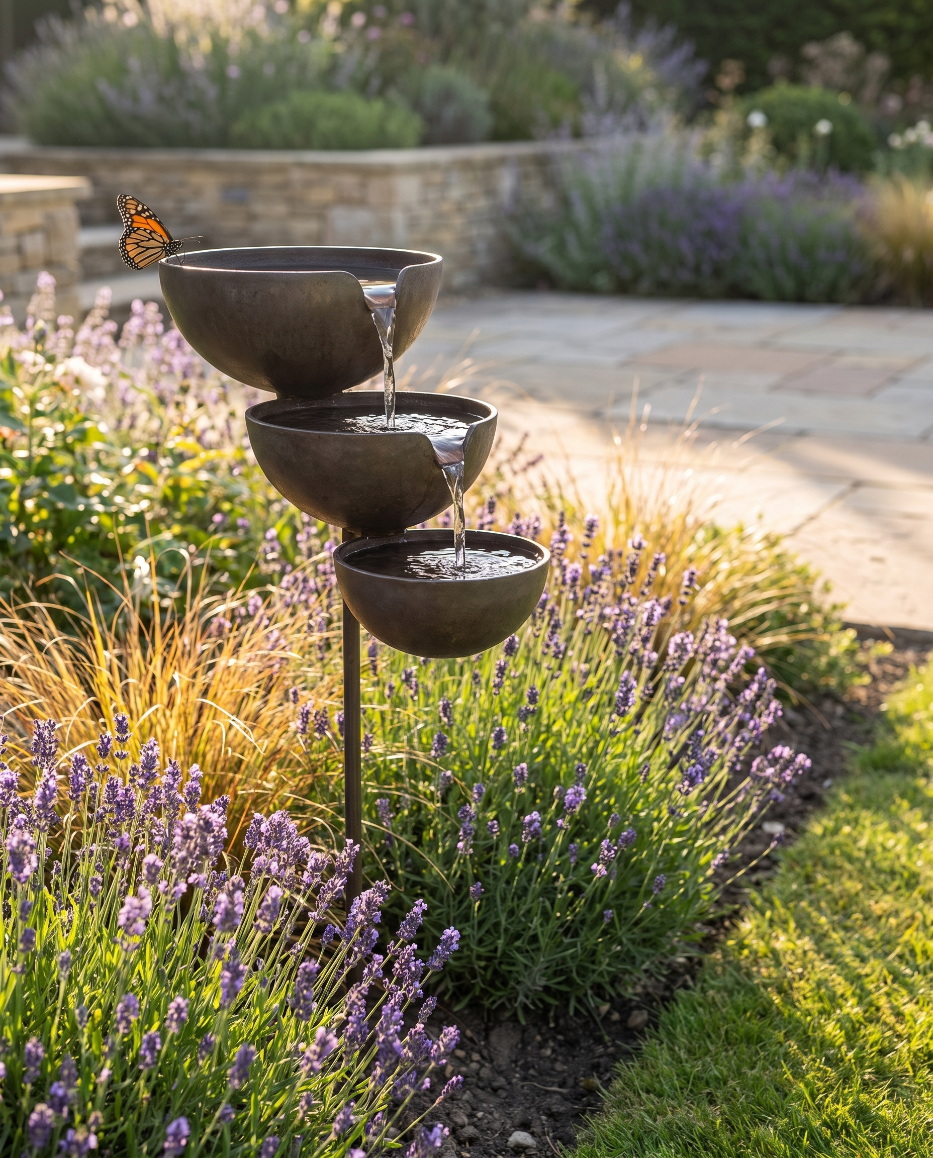 Tiered metal bird bath beside lavender on a garden terrace with a butterfly