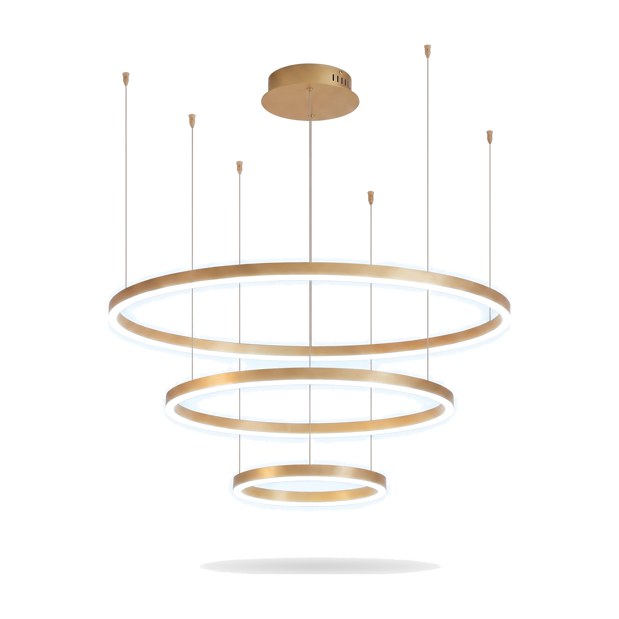 Gold three-ring pendant light, daylight white