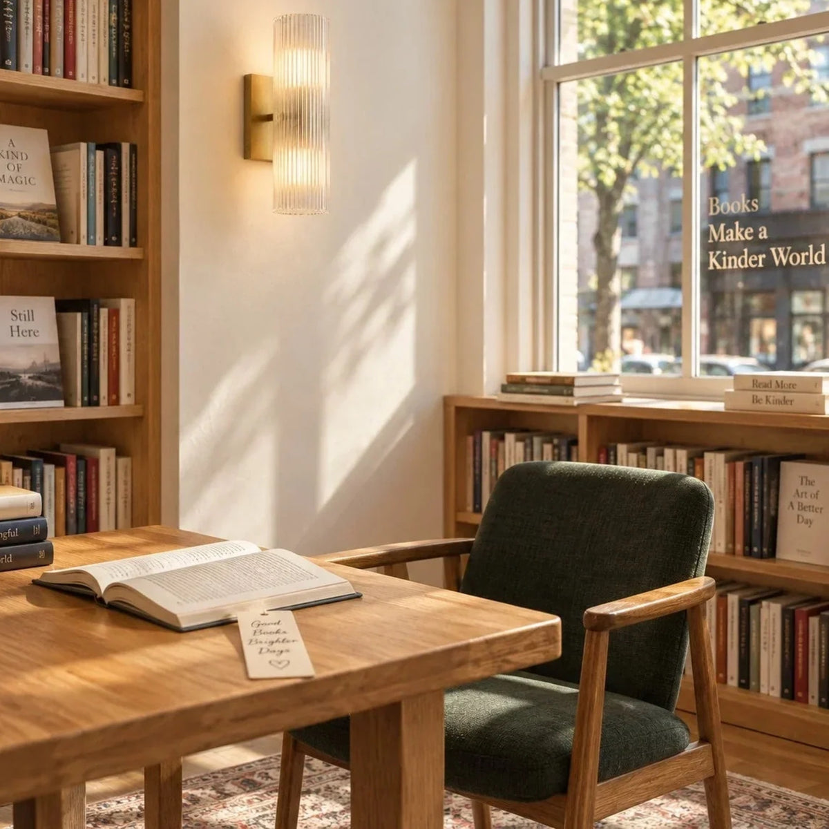 Brass ribbed glass tube sconce in a sunlit home library