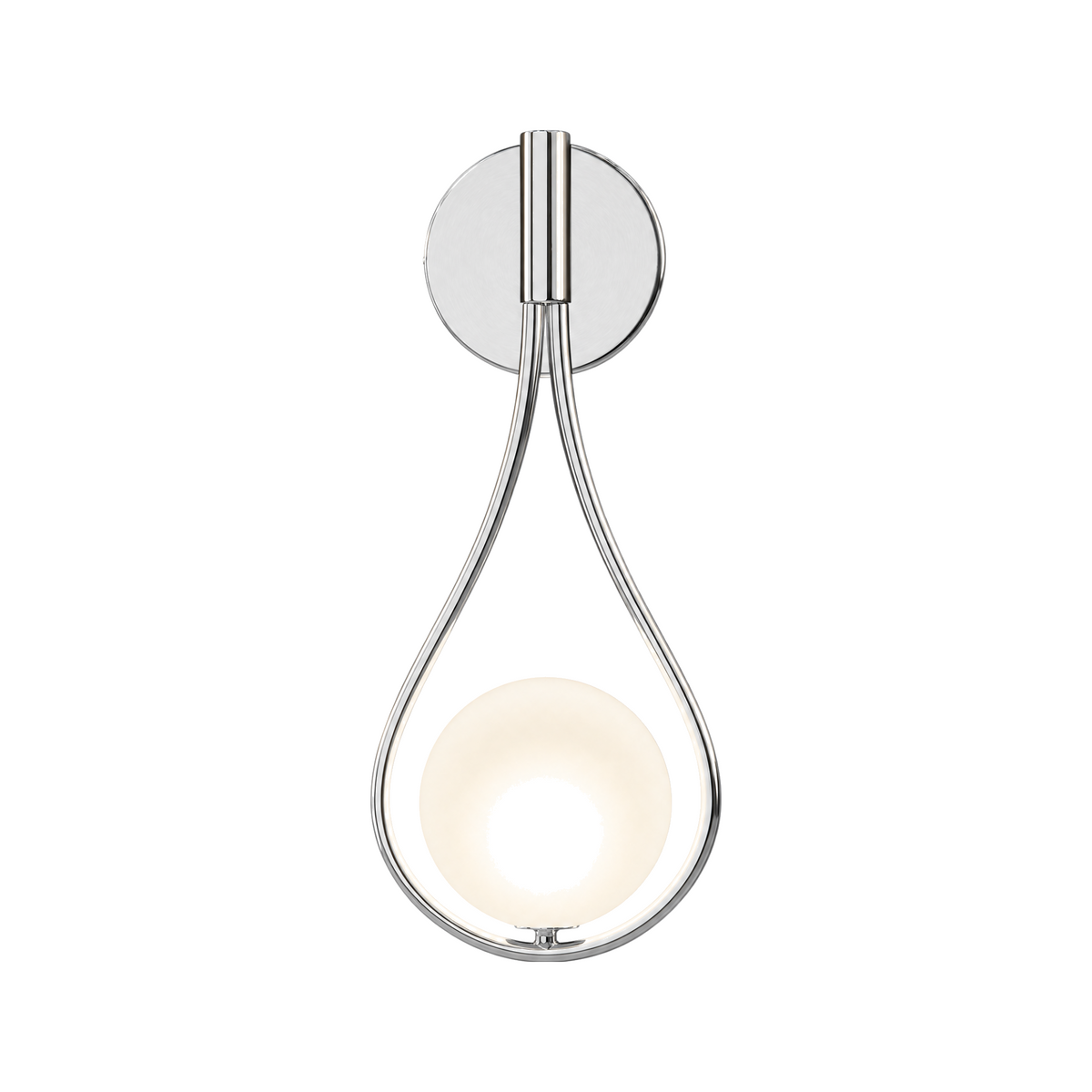 Lacrima Opalina globe wall sconce in polished silver, lit, on a white background