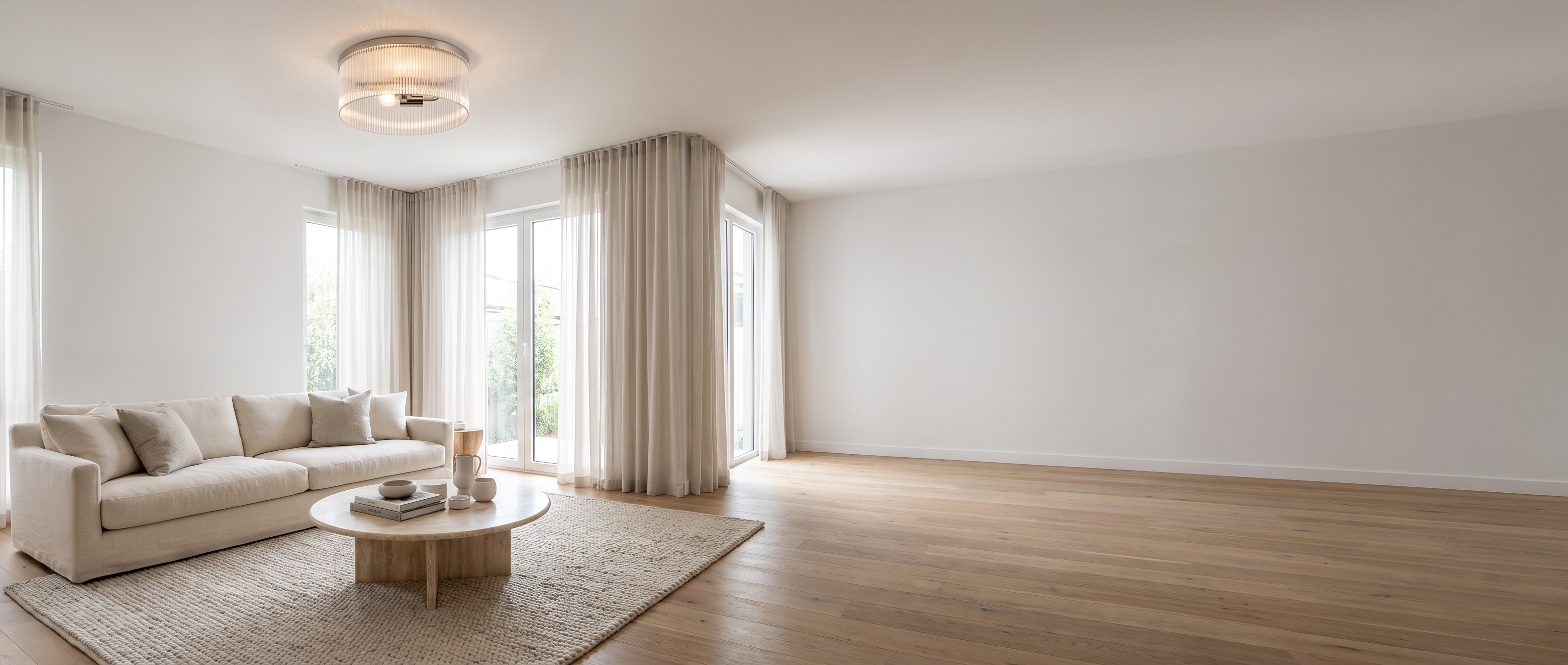 Polished nickel ribbed glass flush mount in a light-filled modern living room