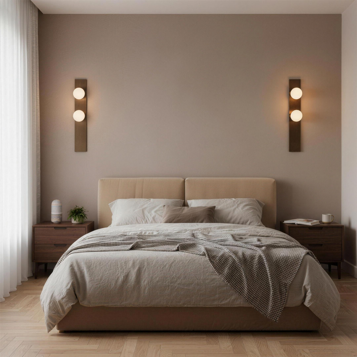 Pair of alabaster wall sconces glowing above the nightstands in a warm bedroom