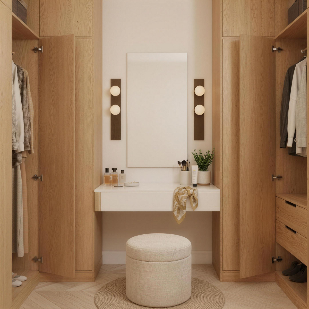 Alabaster wall sconces either side of a dressing mirror in a walk-in closet