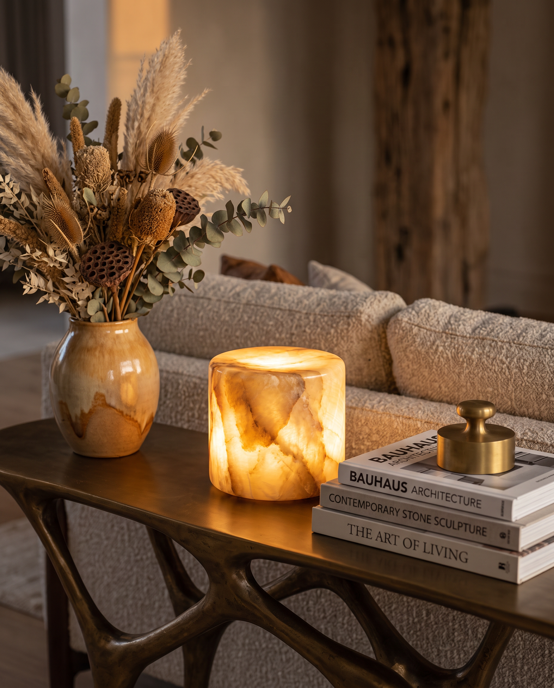 Honey marble mood lamp on a console table with art books in a luxury living room