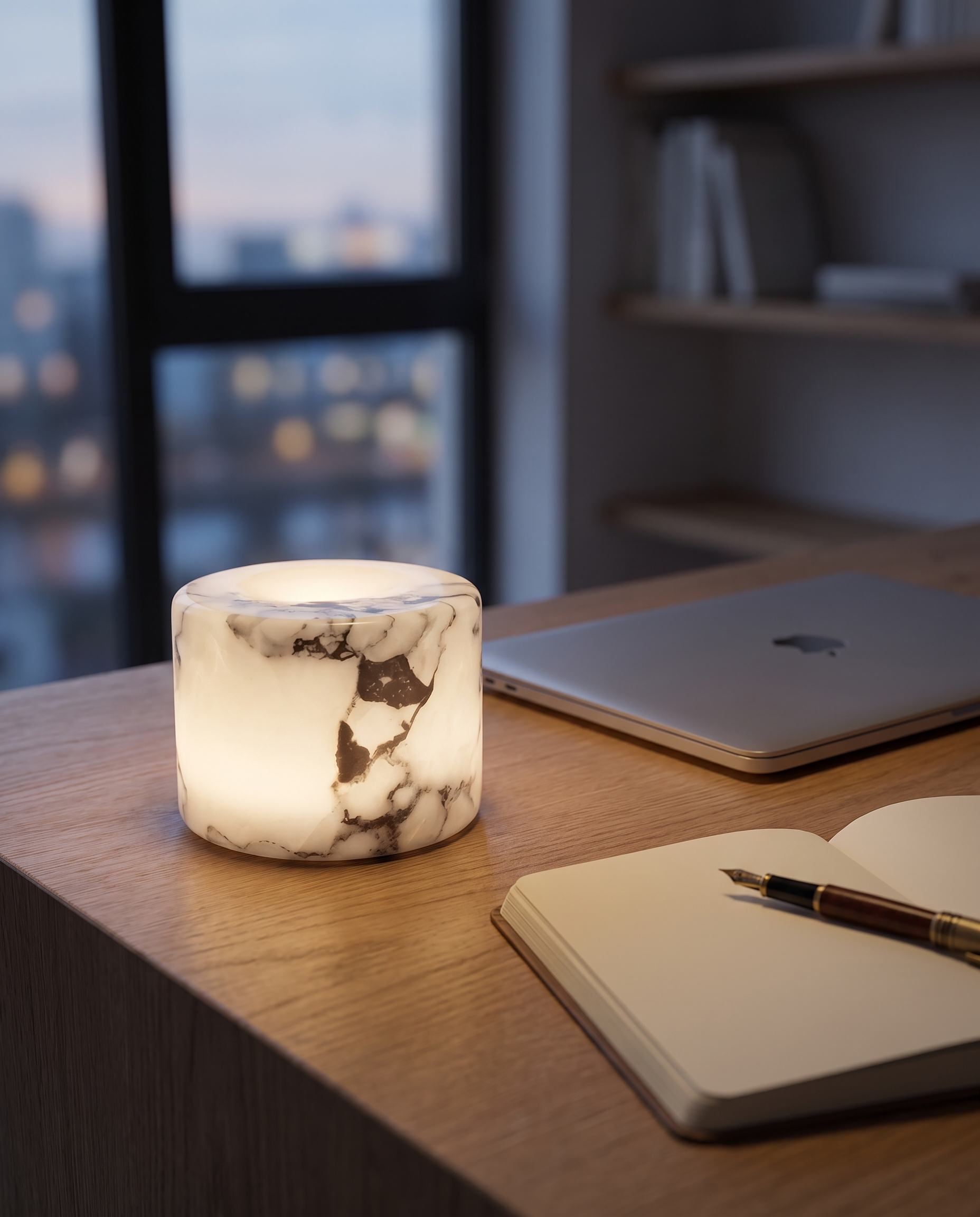 Marble mood lamp on a minimalist oak desk at dusk