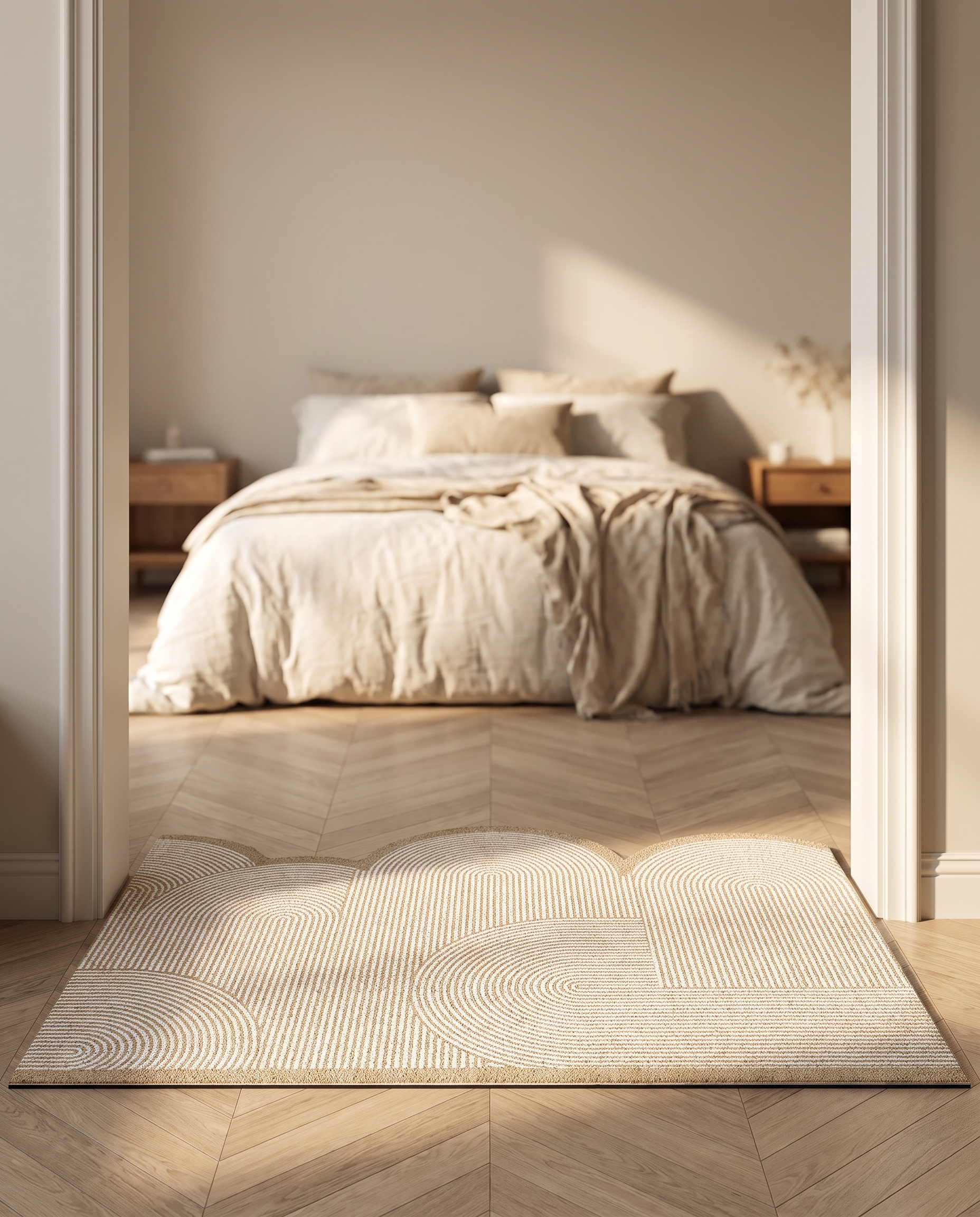Arches door mat at a serene bedroom doorway