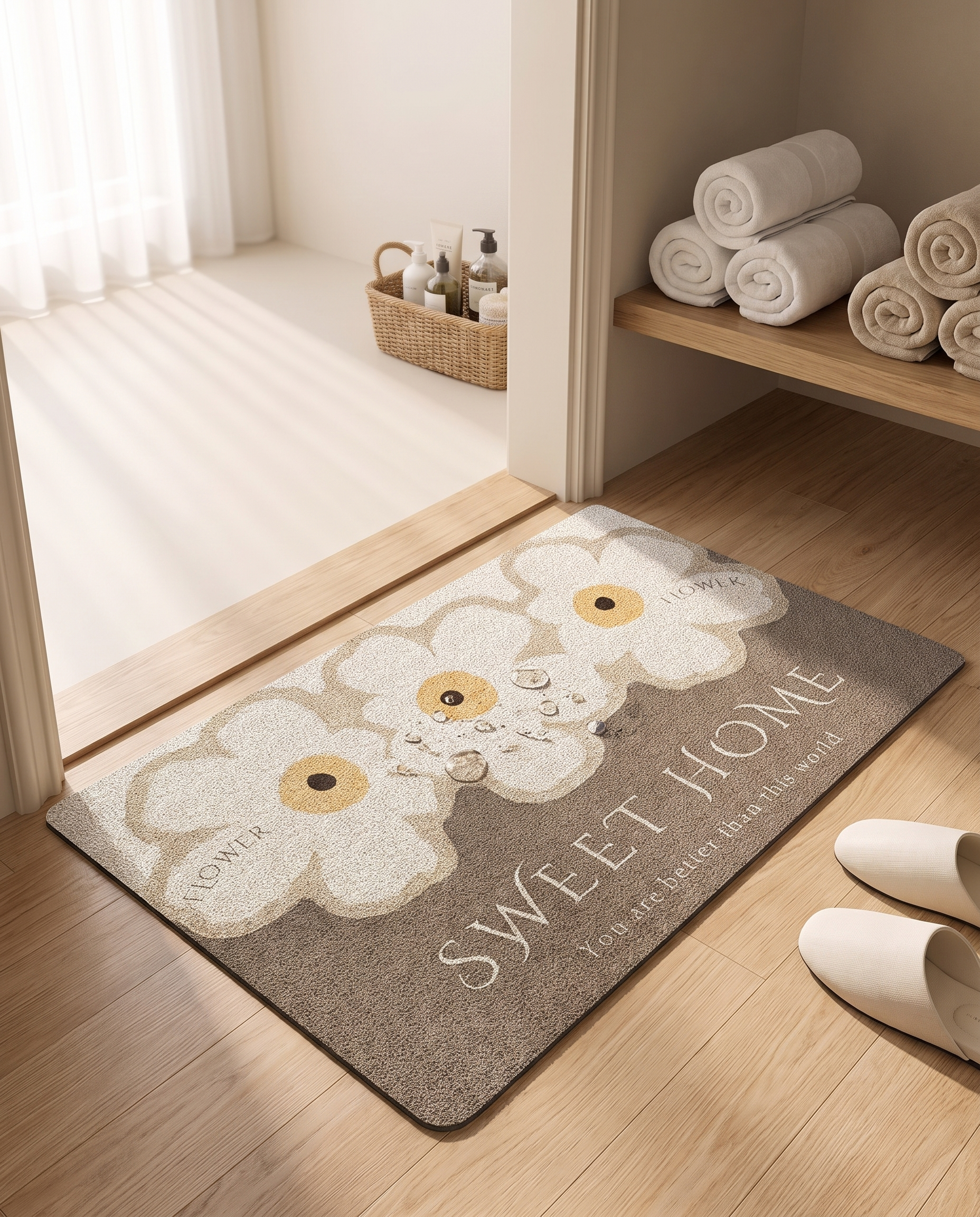 Daisy door mat outside a spa-like bathroom with water droplets