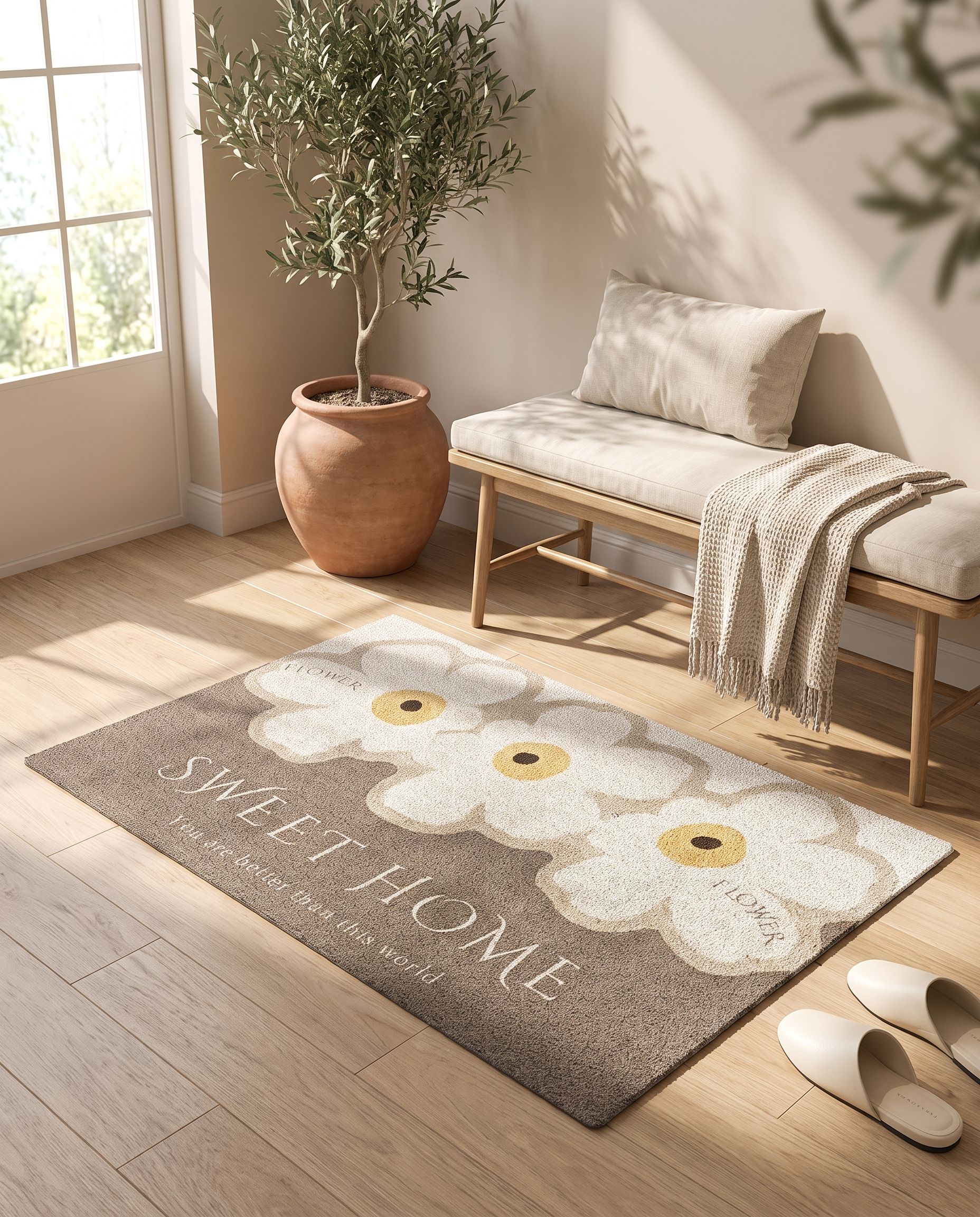 Daisy Sweet Home door mat in a sunlit entrance foyer