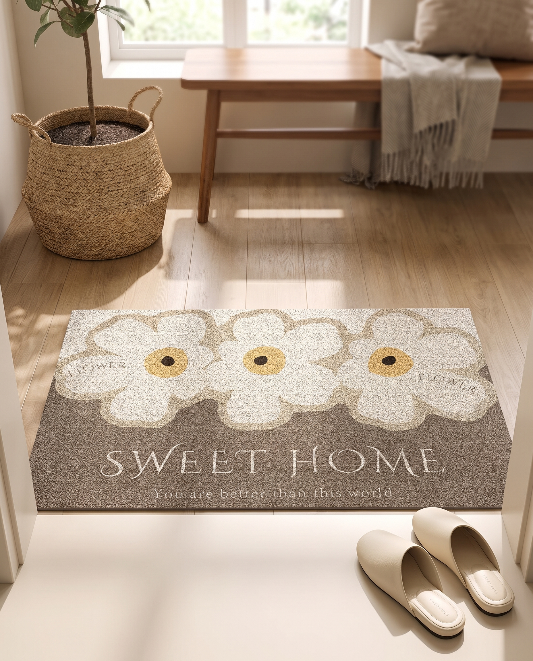 Daisy door mat at an entryway threshold with a woven basket
