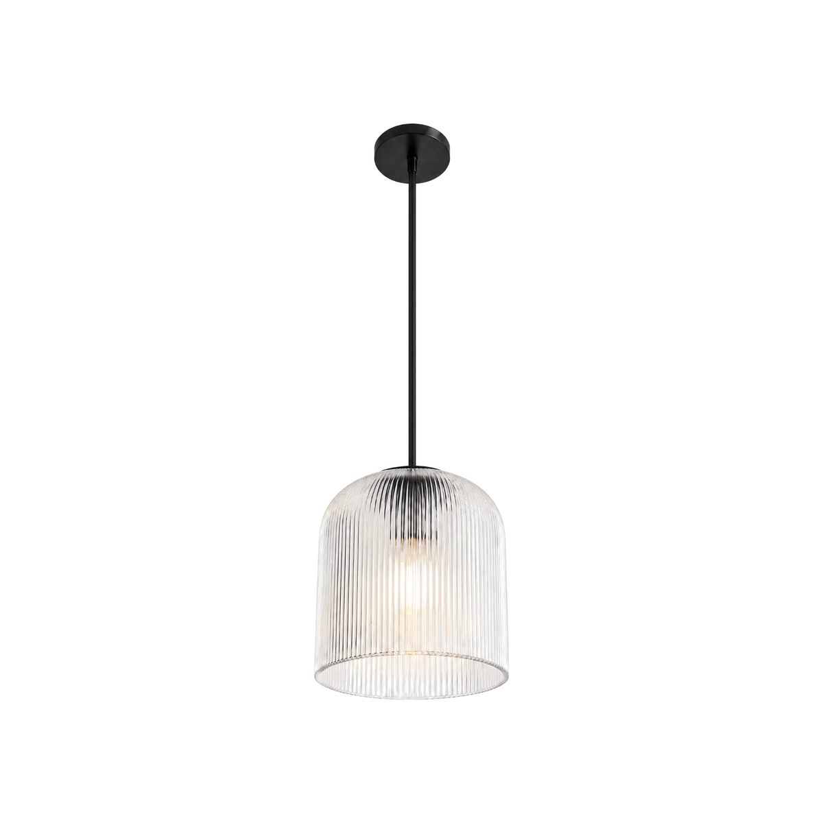 Rigata ribbed glass dome pendant, 10 in, black, lit, on white