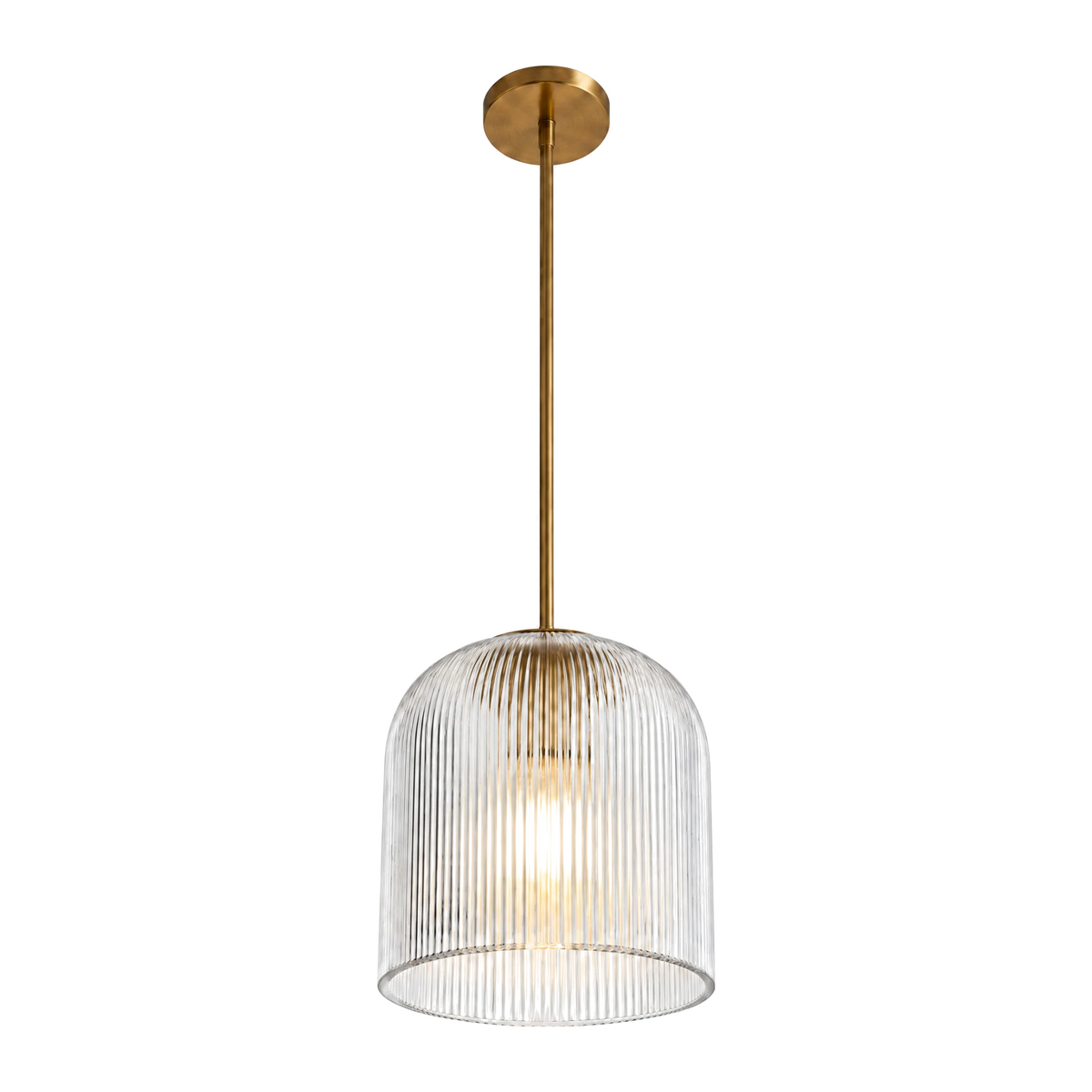Rigata ribbed glass dome pendant, 14 in, brass, lit, on white