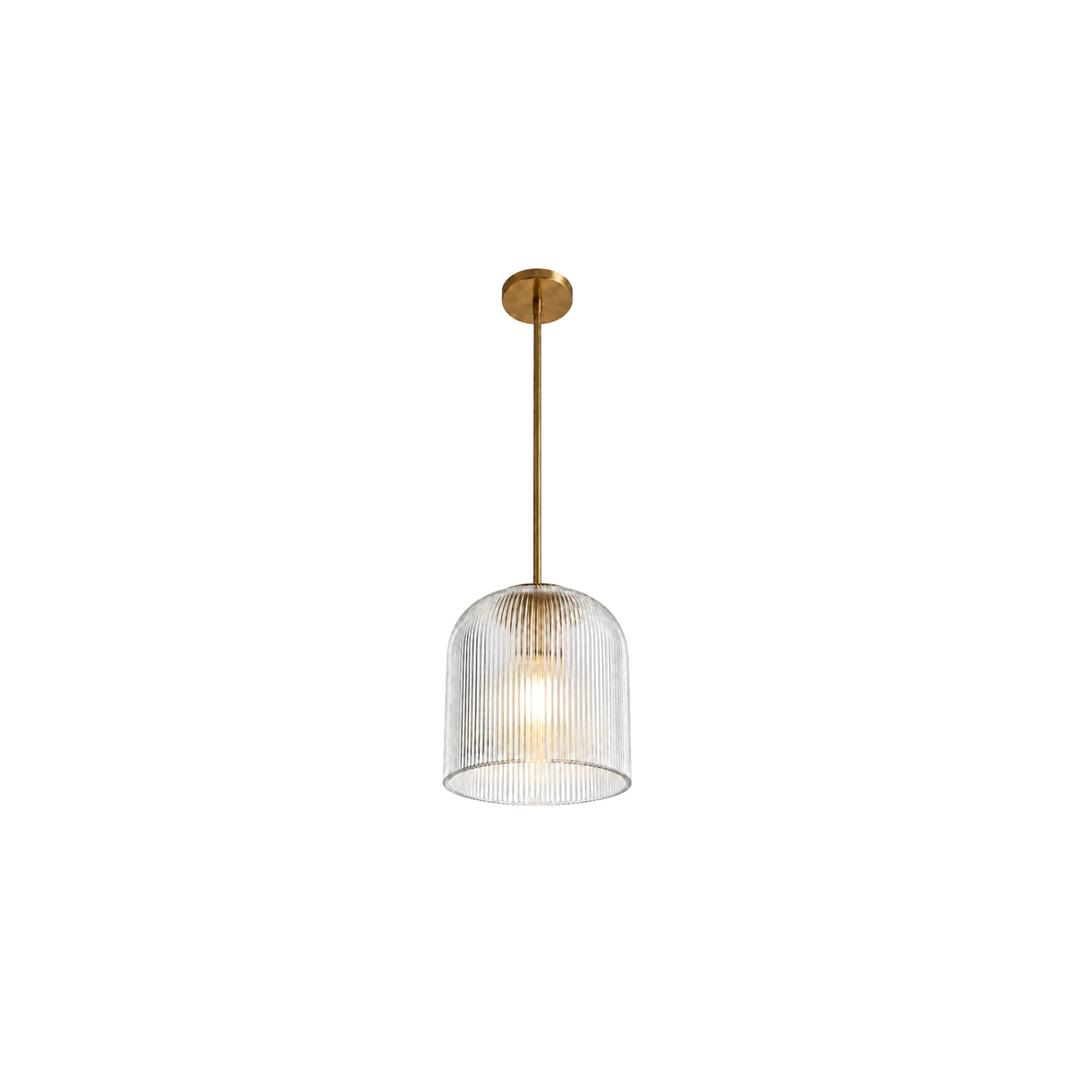 Rigata ribbed glass dome pendant, 5 in, brass, lit, on white