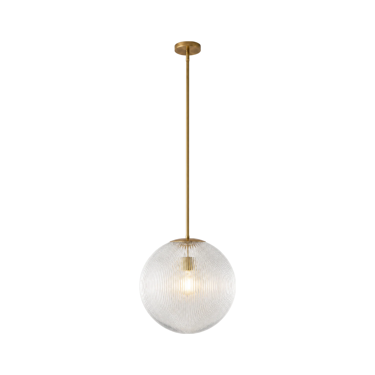 Rigata ribbed glass globe pendant, 14 in, brass, lit, on white