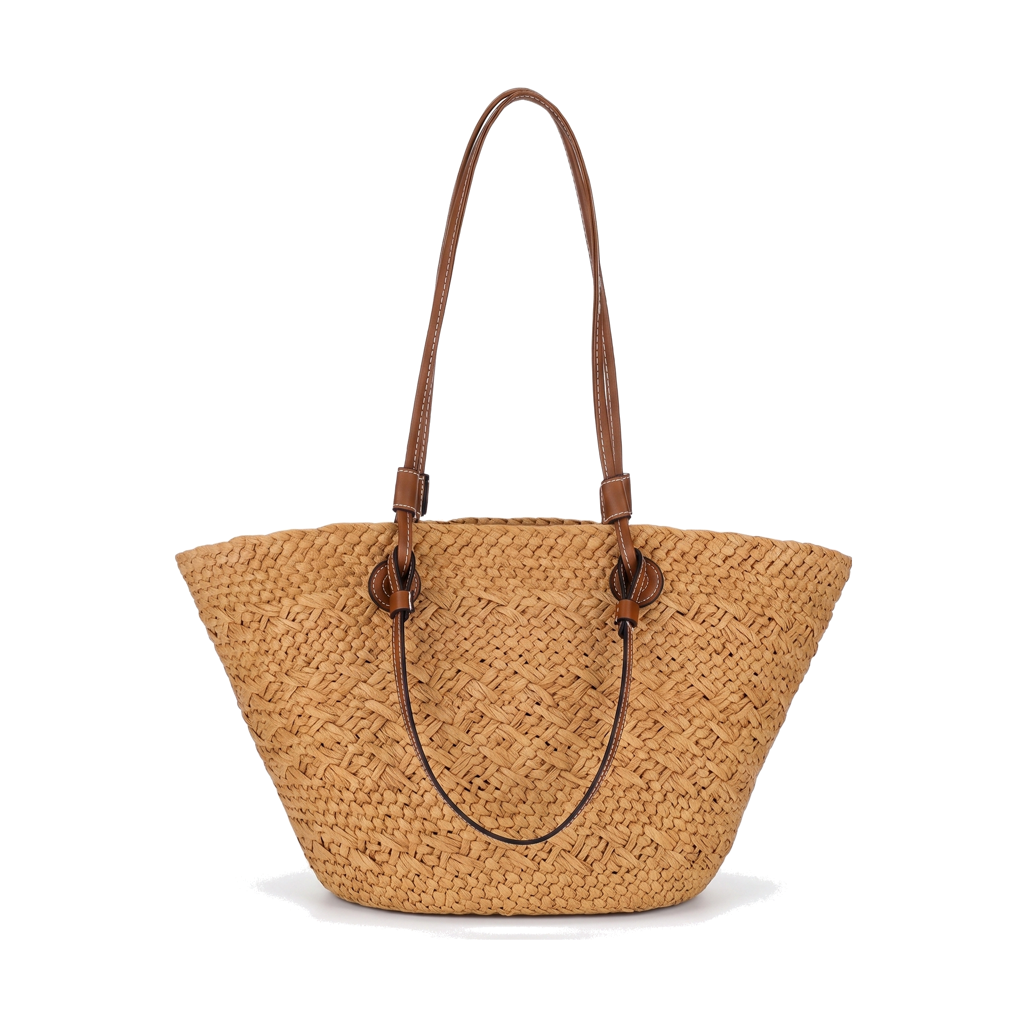Brown woven straw beach tote