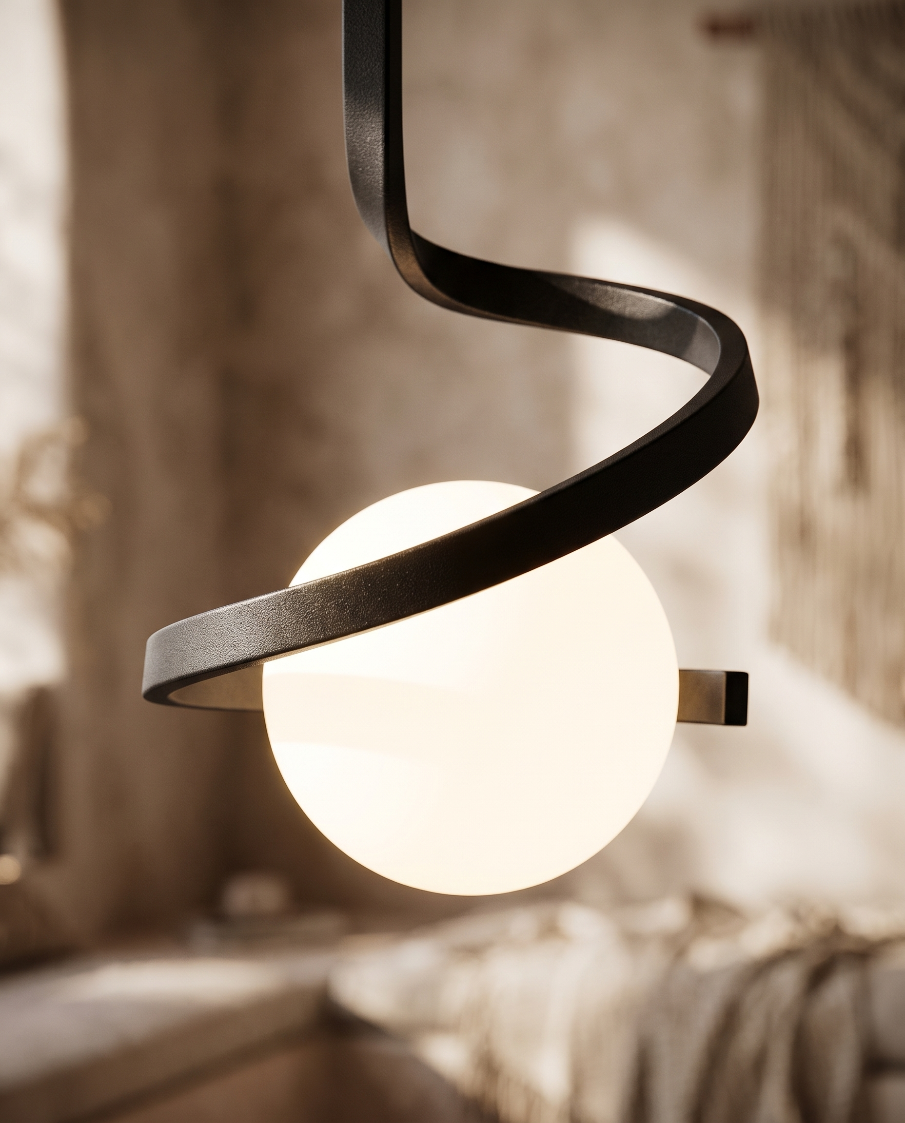 Close detail of the Spirale Lunare glowing glass globe and black spiral arm