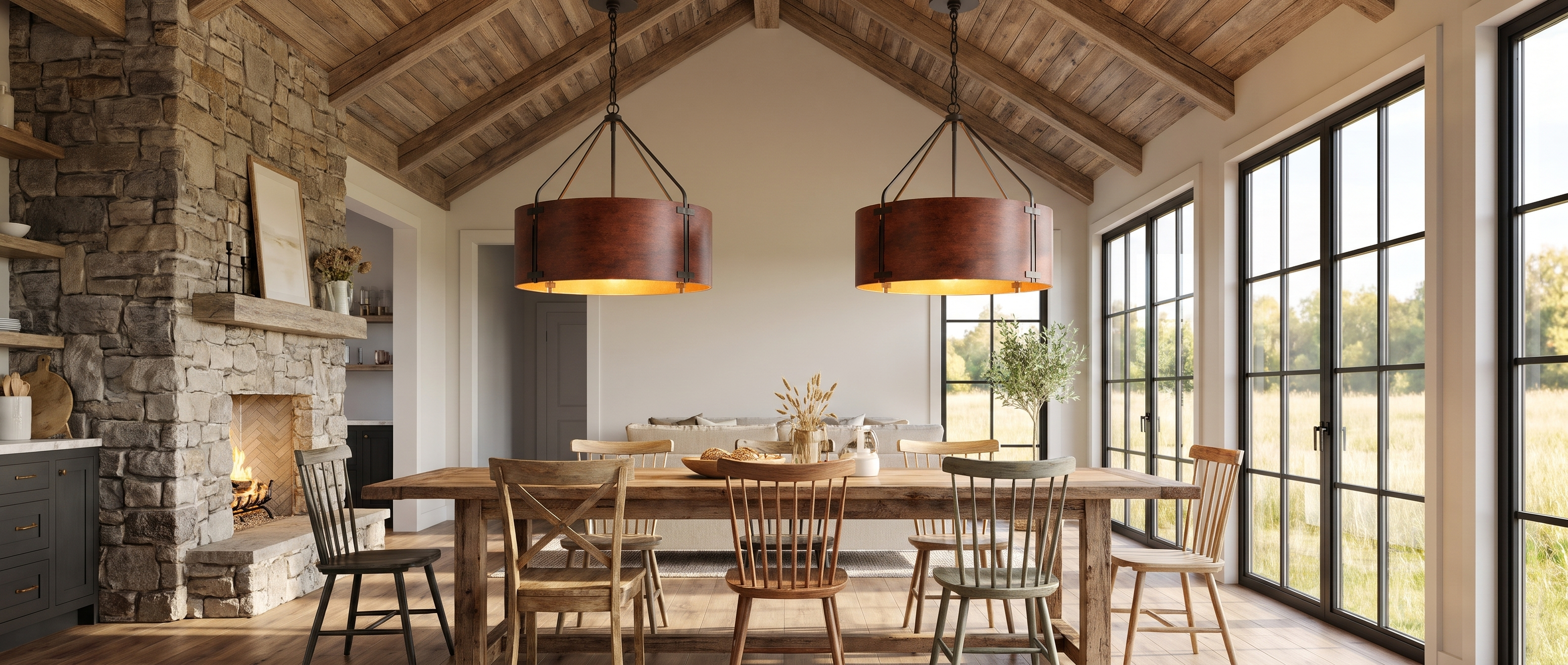 Two Tamburo bronze drum chandeliers over a long harvest table in a farmhouse great room