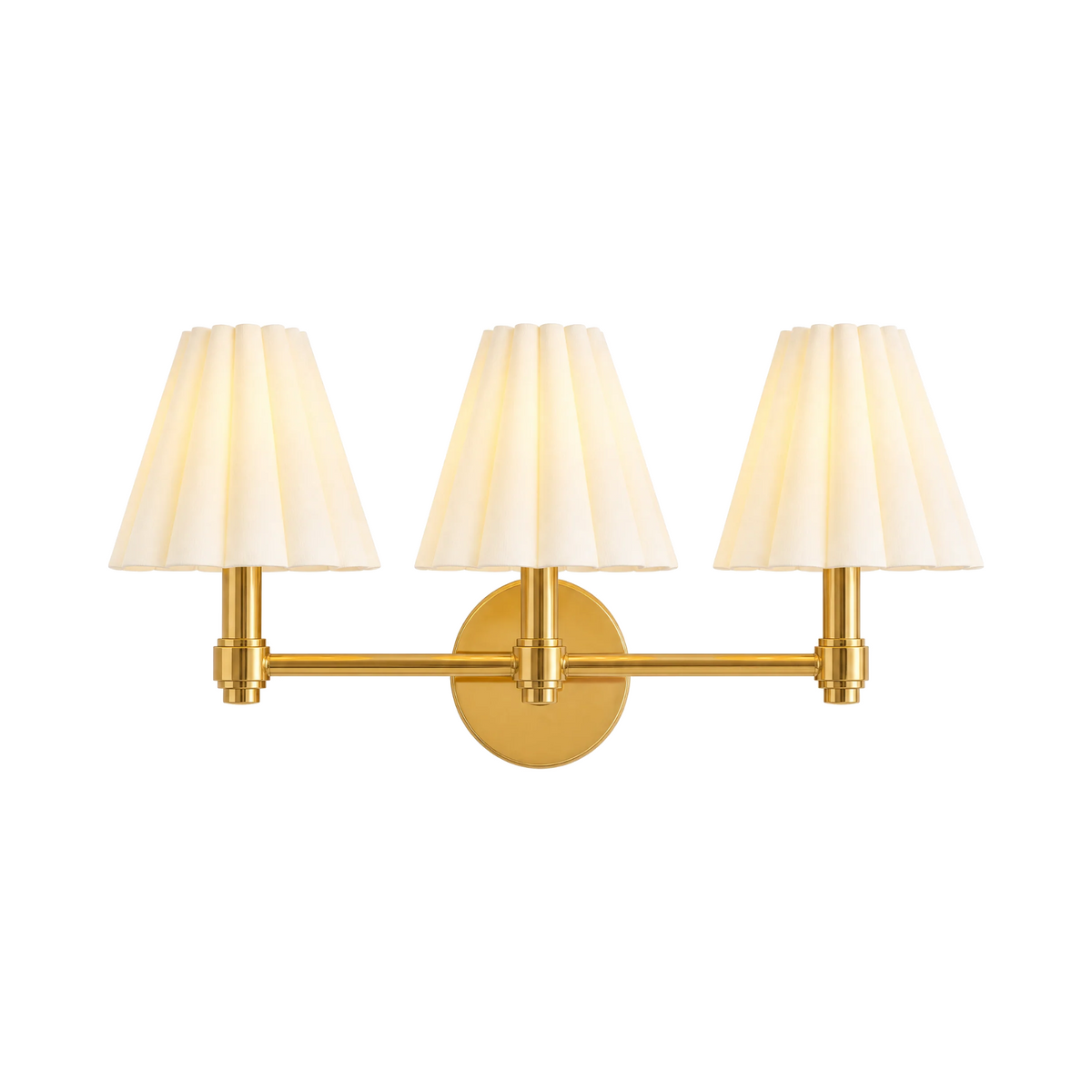 Terzetto 3-light vanity sconce, brass, fluted pleat shades