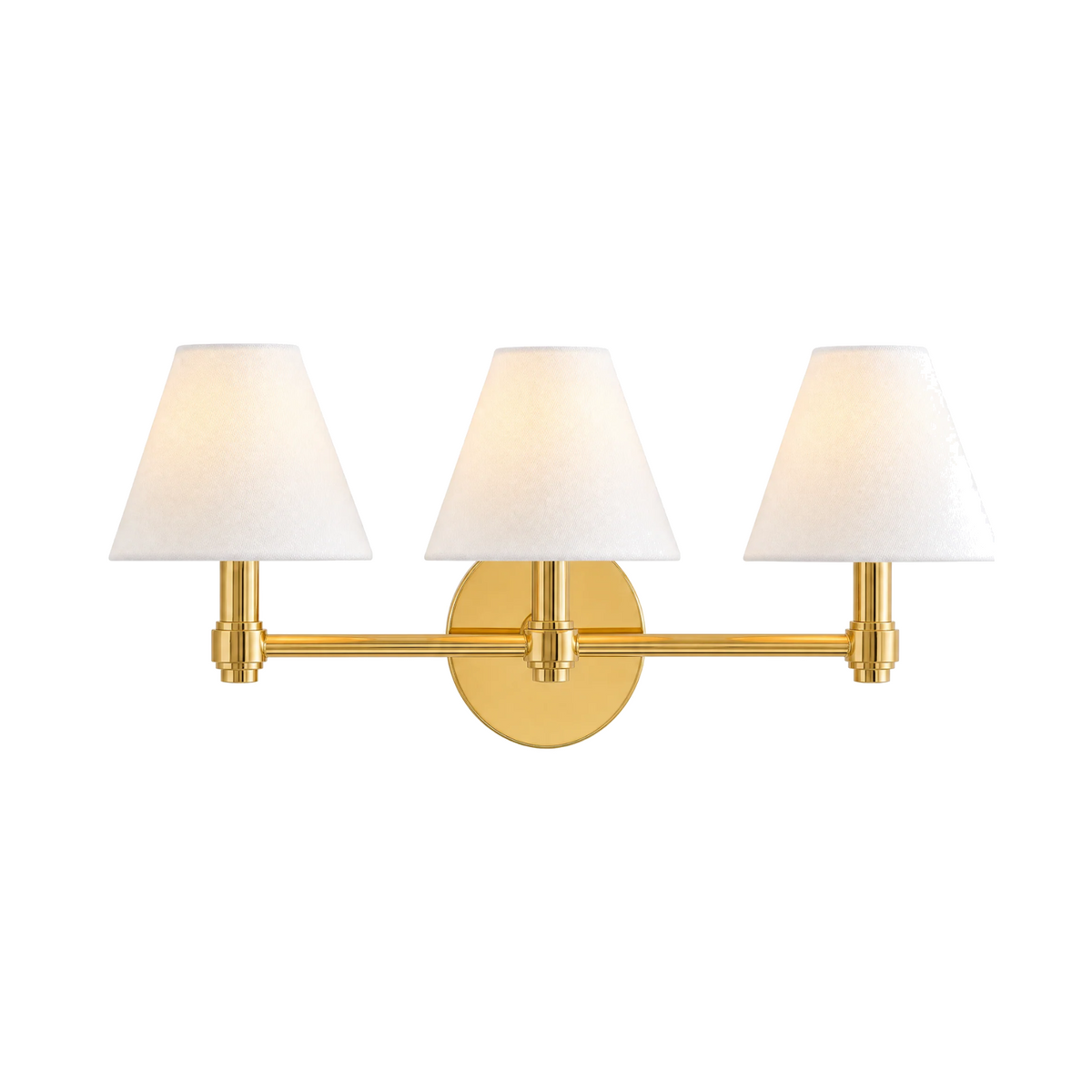 Terzetto 3-light vanity sconce, brass, plain linen shades