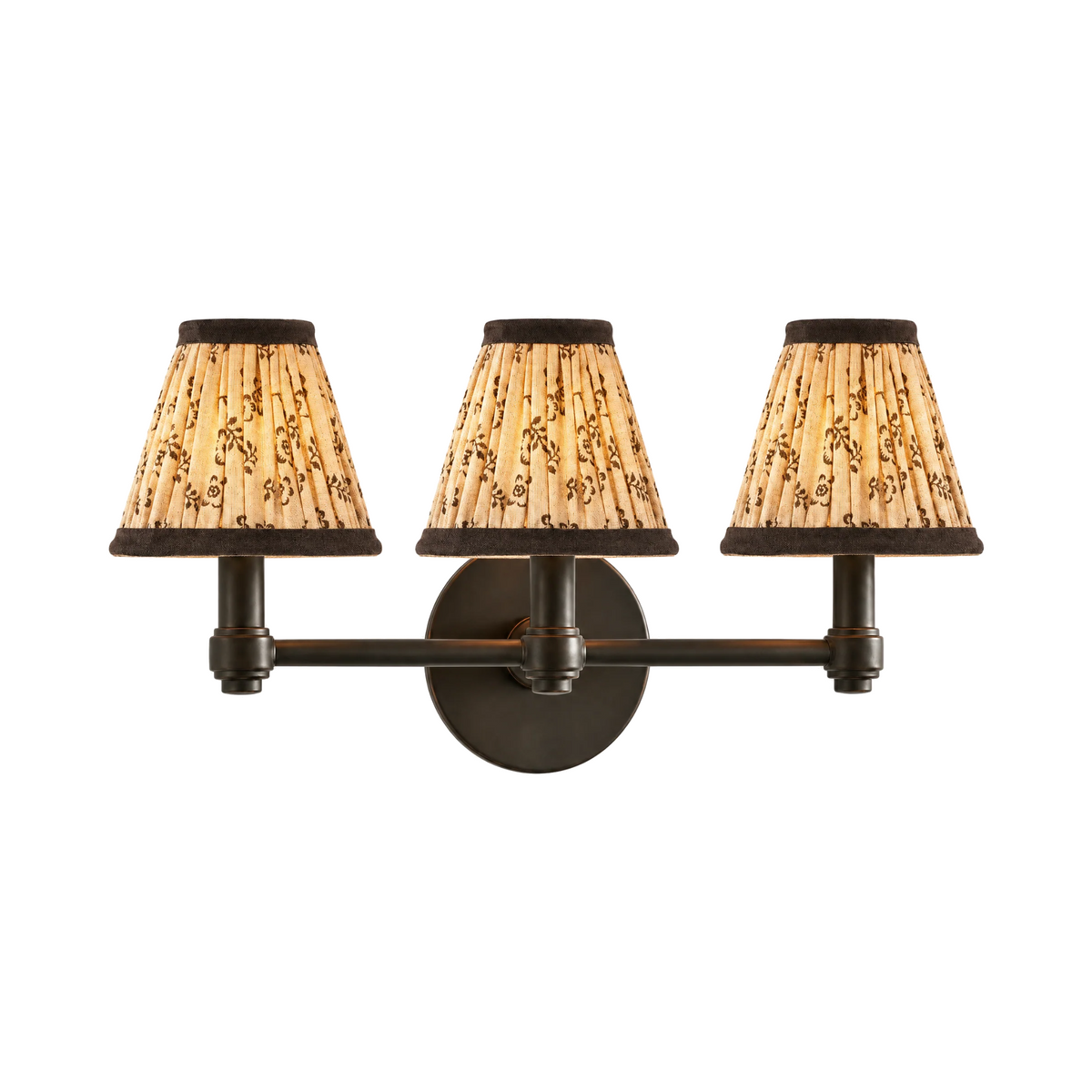 Terzetto 3-light vanity sconce, bronze, brown floral print shades