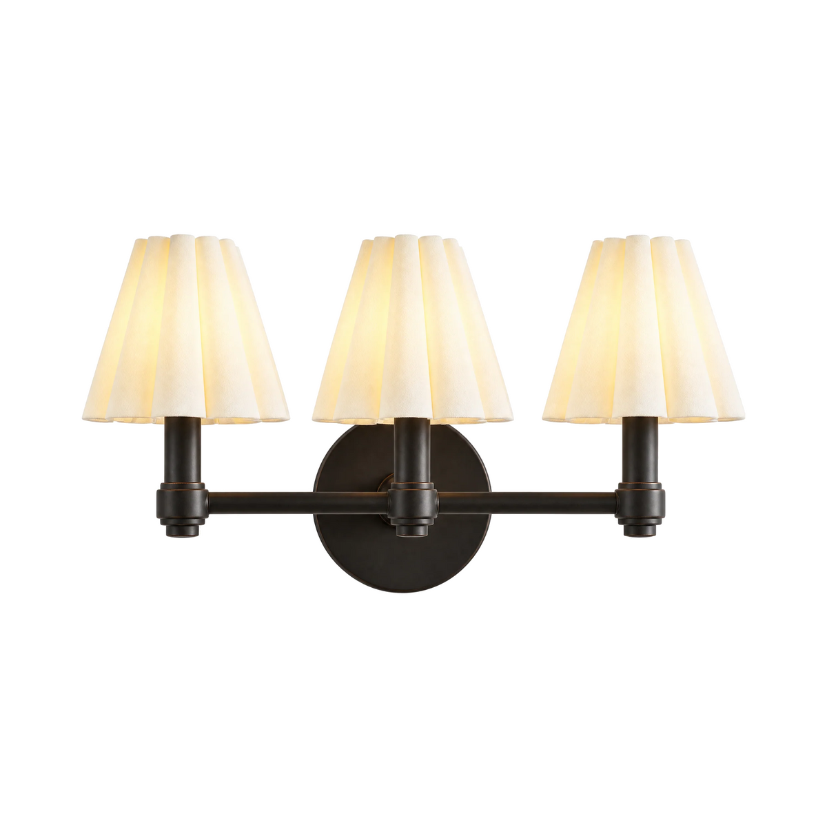 Terzetto 3-light vanity sconce, bronze, fluted pleat shades