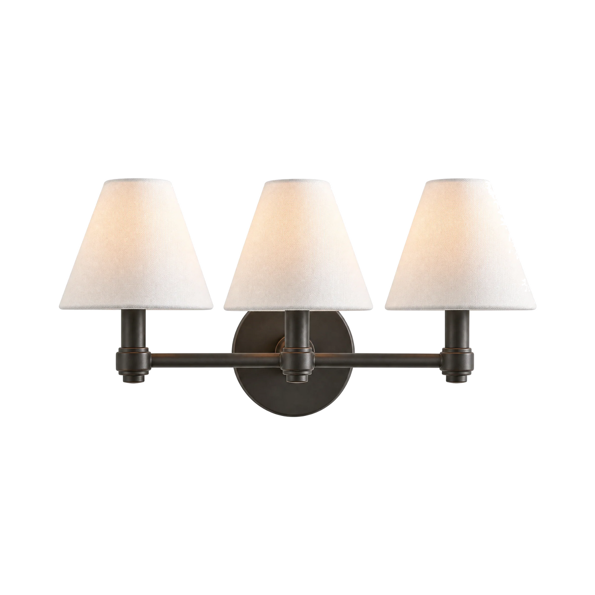Terzetto 3-light vanity sconce, bronze, plain linen shades