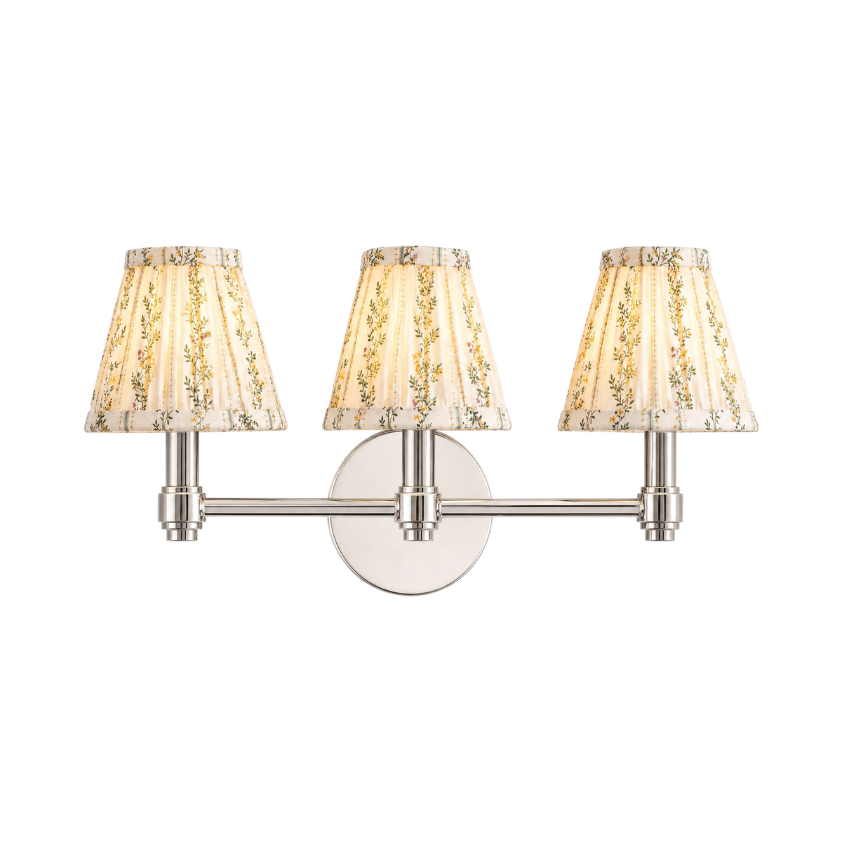 Terzetto 3-light vanity sconce, polished nickel, cream floral print shades