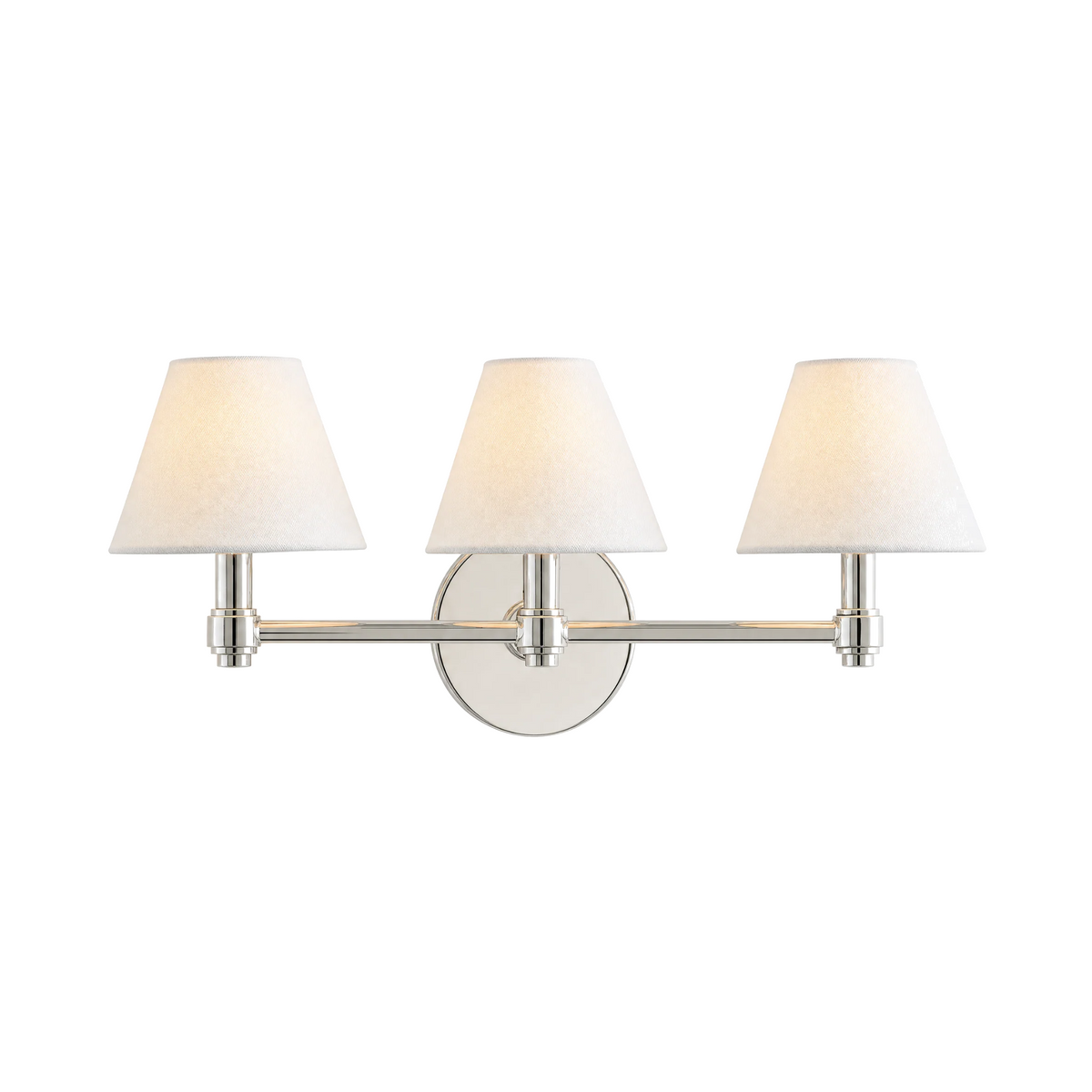 Terzetto 3-light vanity sconce, polished nickel, plain linen shades