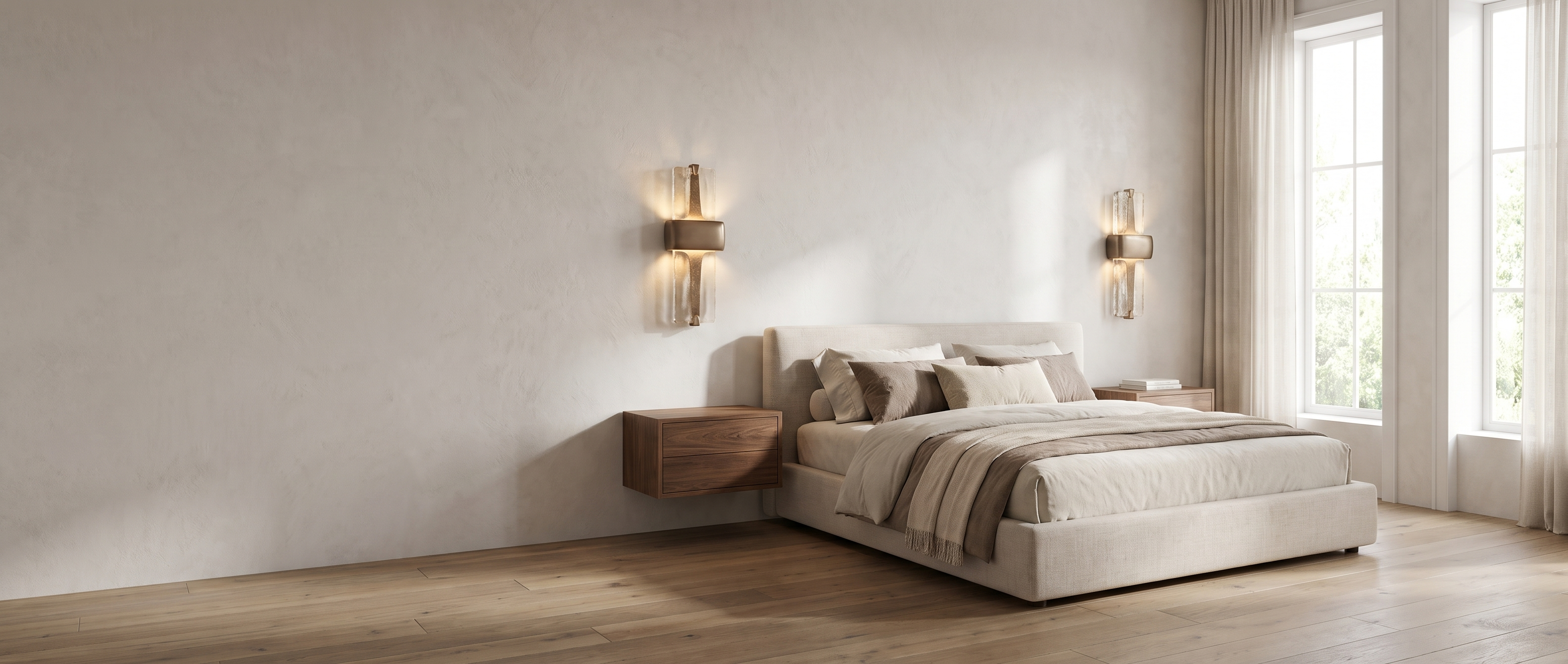 Vetro Colato textured glass wall sconces in a bright bedroom
