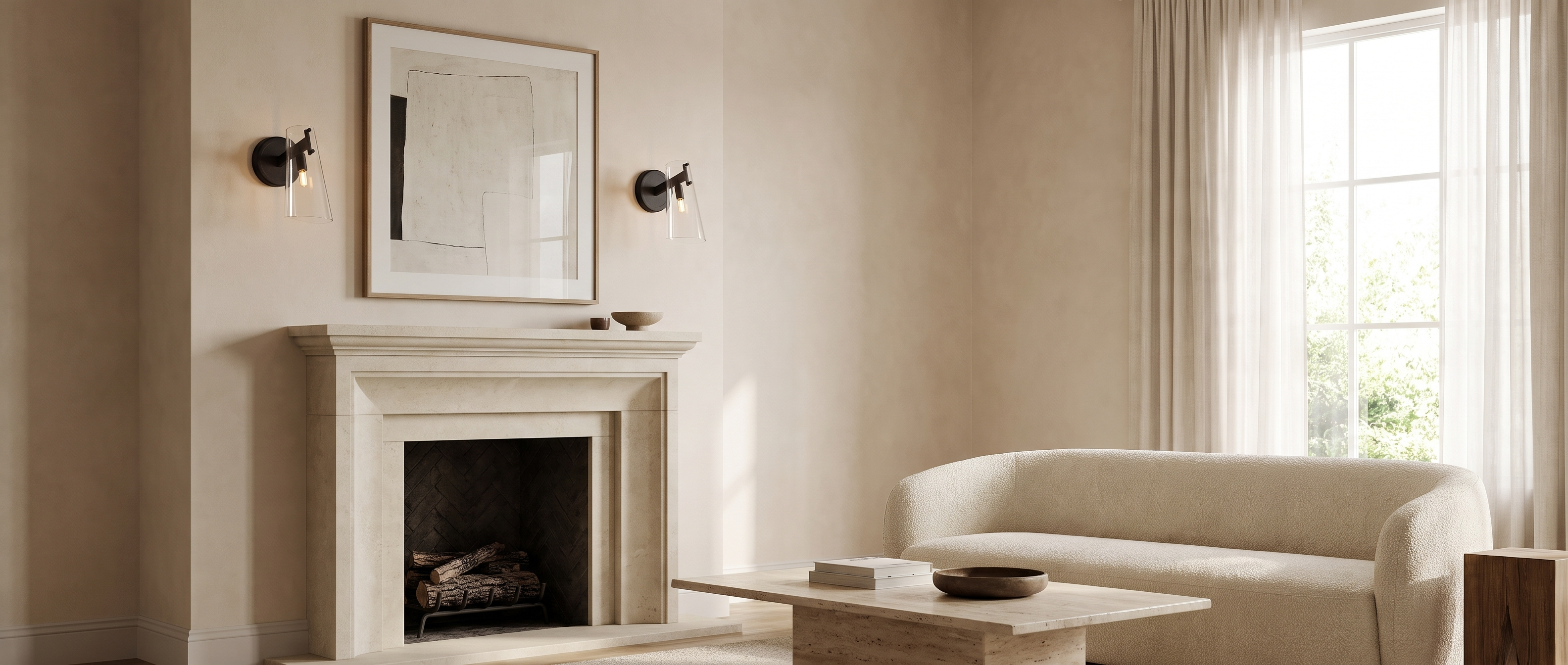 Pair of Vetro Inclinato glass wall sconces flanking art above a limestone fireplace in a bright living room
