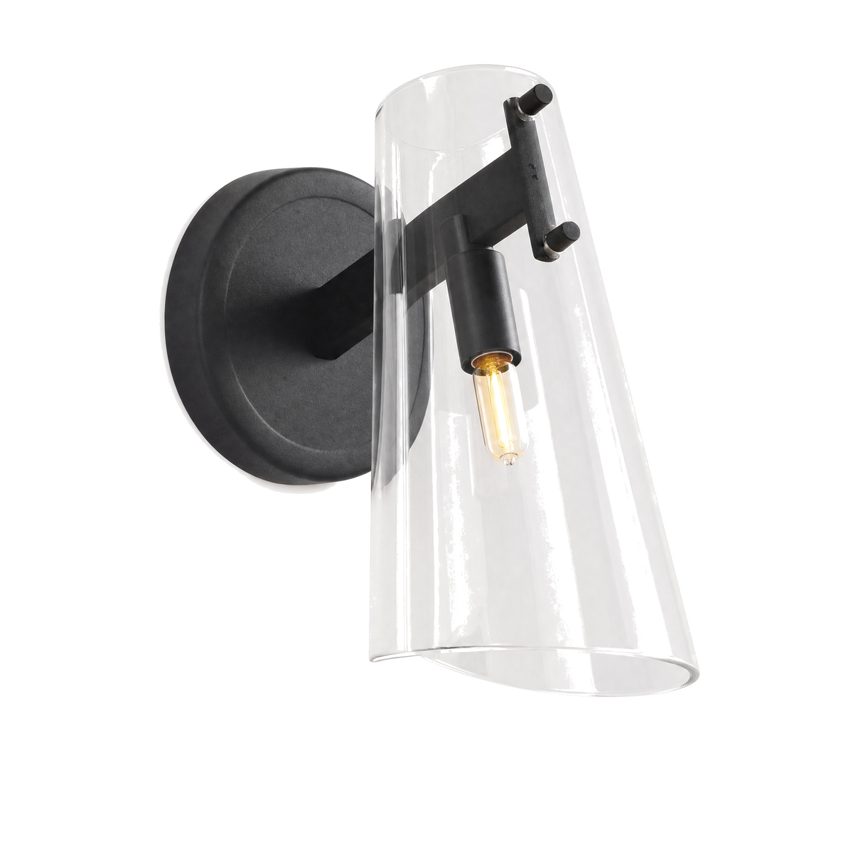 Vetro Inclinato matte black wall sconce with a clear tilted glass cone shade, lit, on a white background