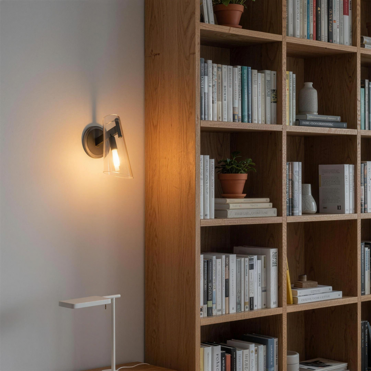 Black and clear glass wall sconce beside an oak bookcase