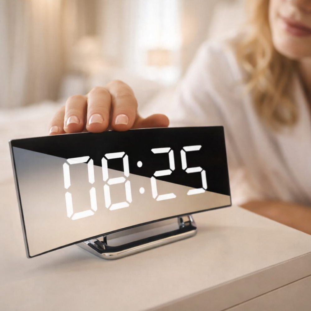 Arco Notte LED digital alarm clock with white display, snooze at bedside