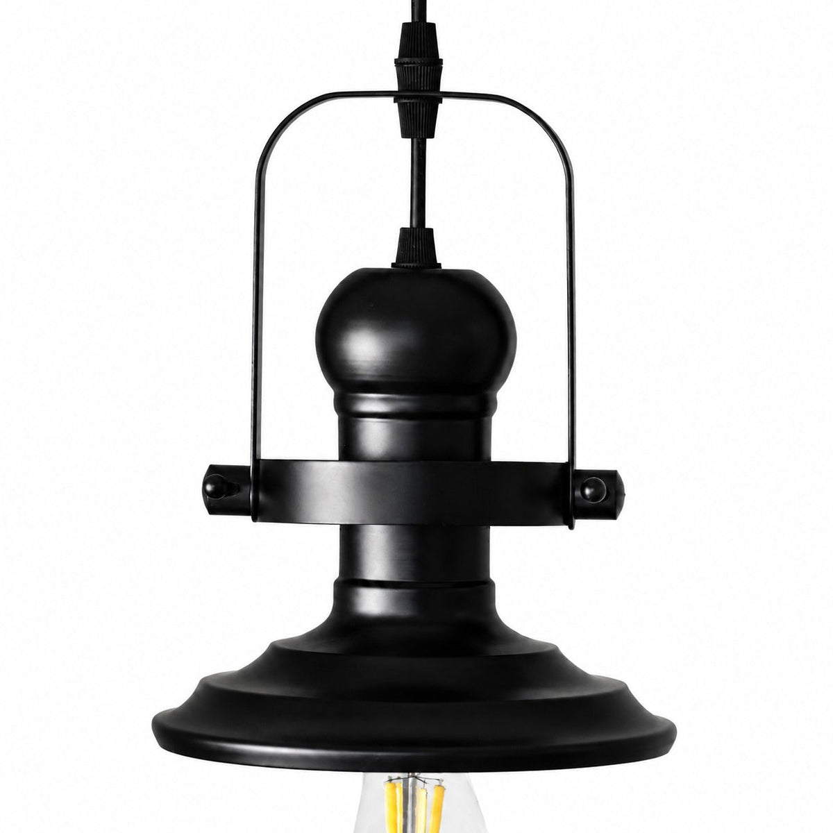 Matte black finial, bail bracket and collar detail of the Cupola Officina pendant