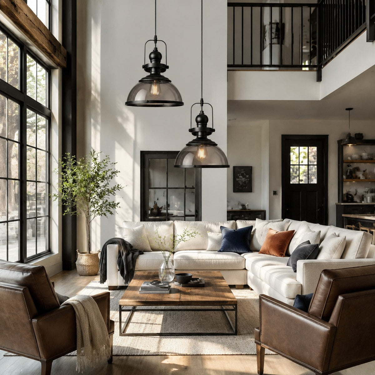 Smoked glass dome pendants in a double-height living room