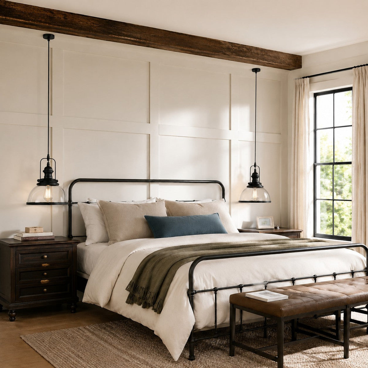 Clear glass dome pendants hung as bedside lights in a farmhouse bedroom