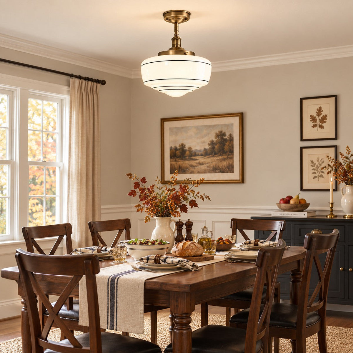 Collegio Rigato schoolhouse ceiling light above a farmhouse dining table