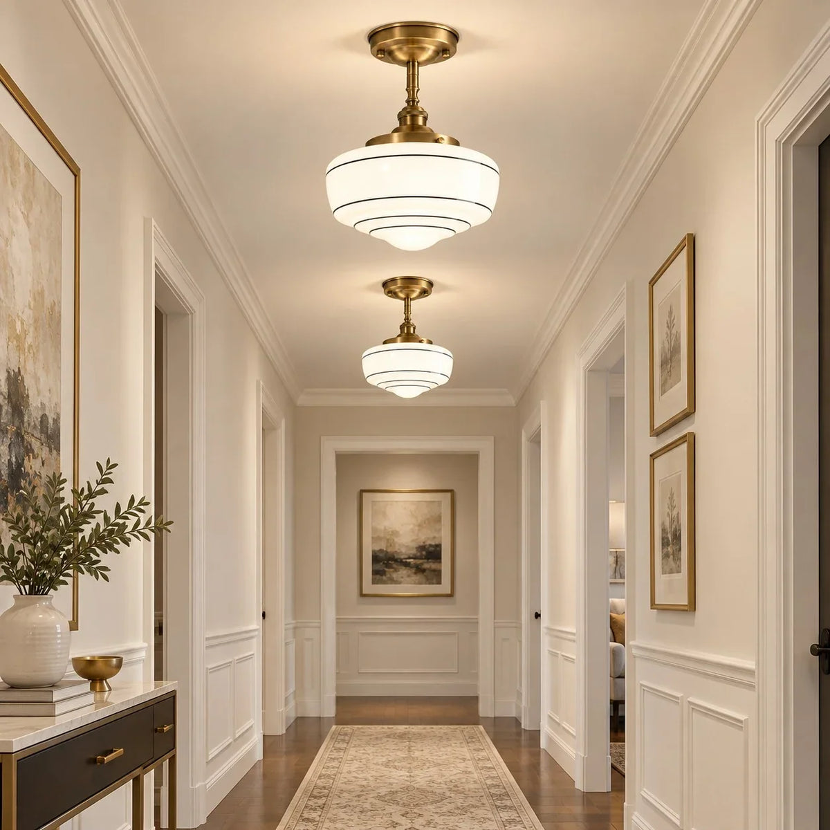 Two Collegio Rigato schoolhouse ceiling lights lining a paneled hallway