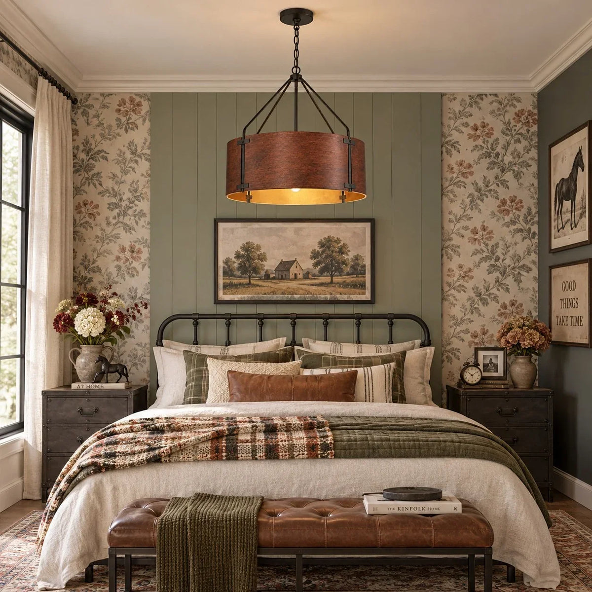 Tamburo bronze drum chandelier above a bed in a floral-papered bedroom