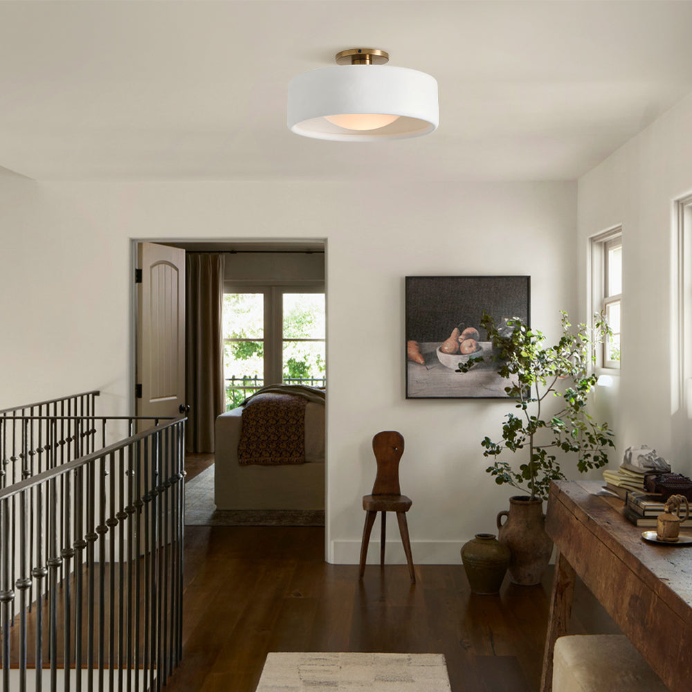 White porcelain semi-flush ceiling light in an upstairs hallway